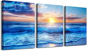 DZRWUBHS Ocean Wall Art For Living Room Canvas Wall Decor For Bedroom Office Decorations Blue Beach Sea Wave Paintings Sunrise Seascape Wall Pictures Canvas Artwork Home Decor Ready To Hang 3 Piece