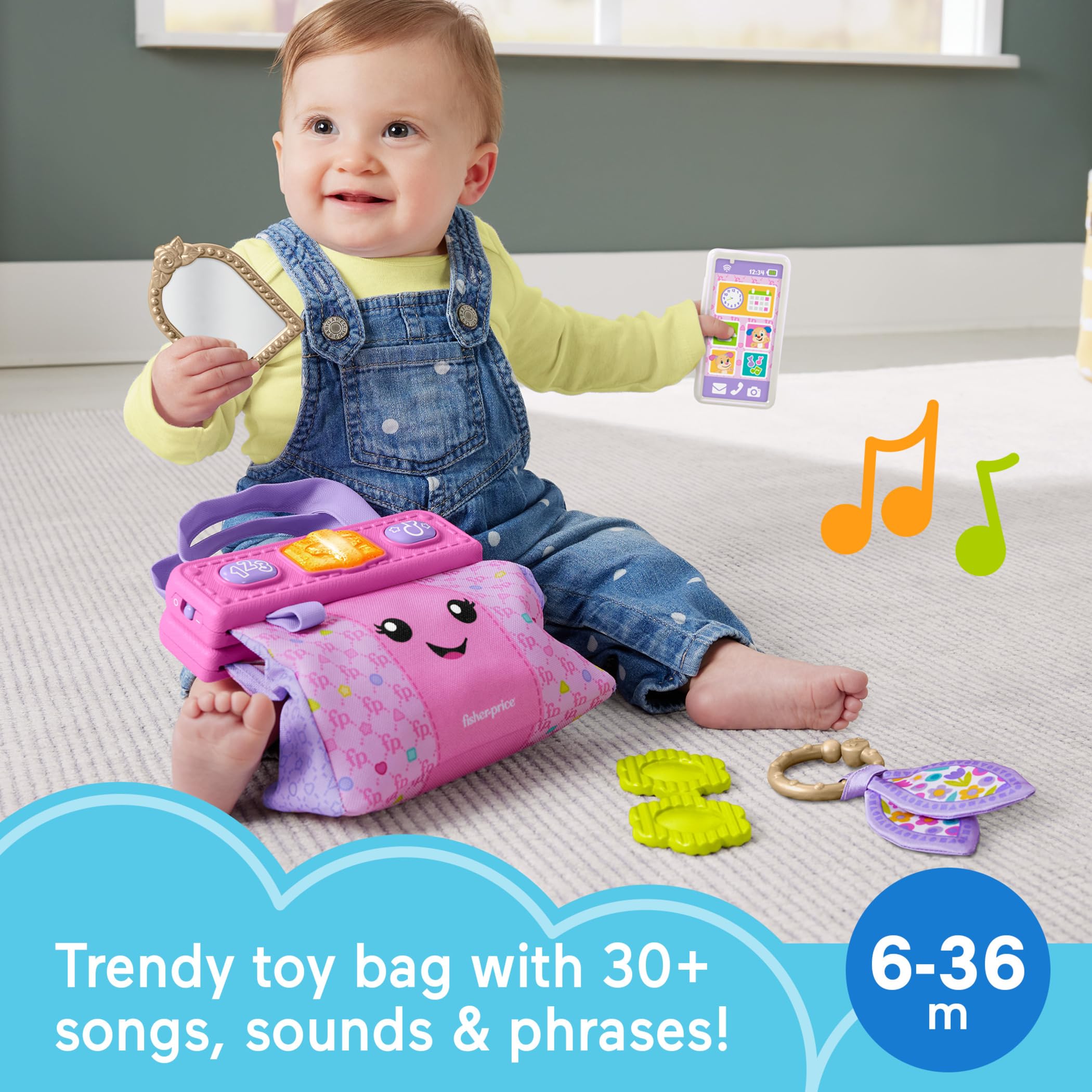 Fisher-Price Zabawka edukacyjna dla niemowląt, portfel do nauki i śmiechu, torba Going Places z 4 akcesoriami Pretend Play dla niemowląt i małych dzieci od 6 miesięcy, HTW89