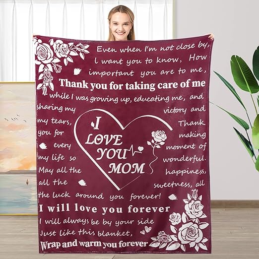 SRIZIAN Gifts for Mom, Birthday Gifts for Mom, I Love You Mom Gift Blanket, with Printed Blanket, Unique Mom Gift from Daughter or Son for Valentine's Day, Birthday, Thanksgiving, Christmas