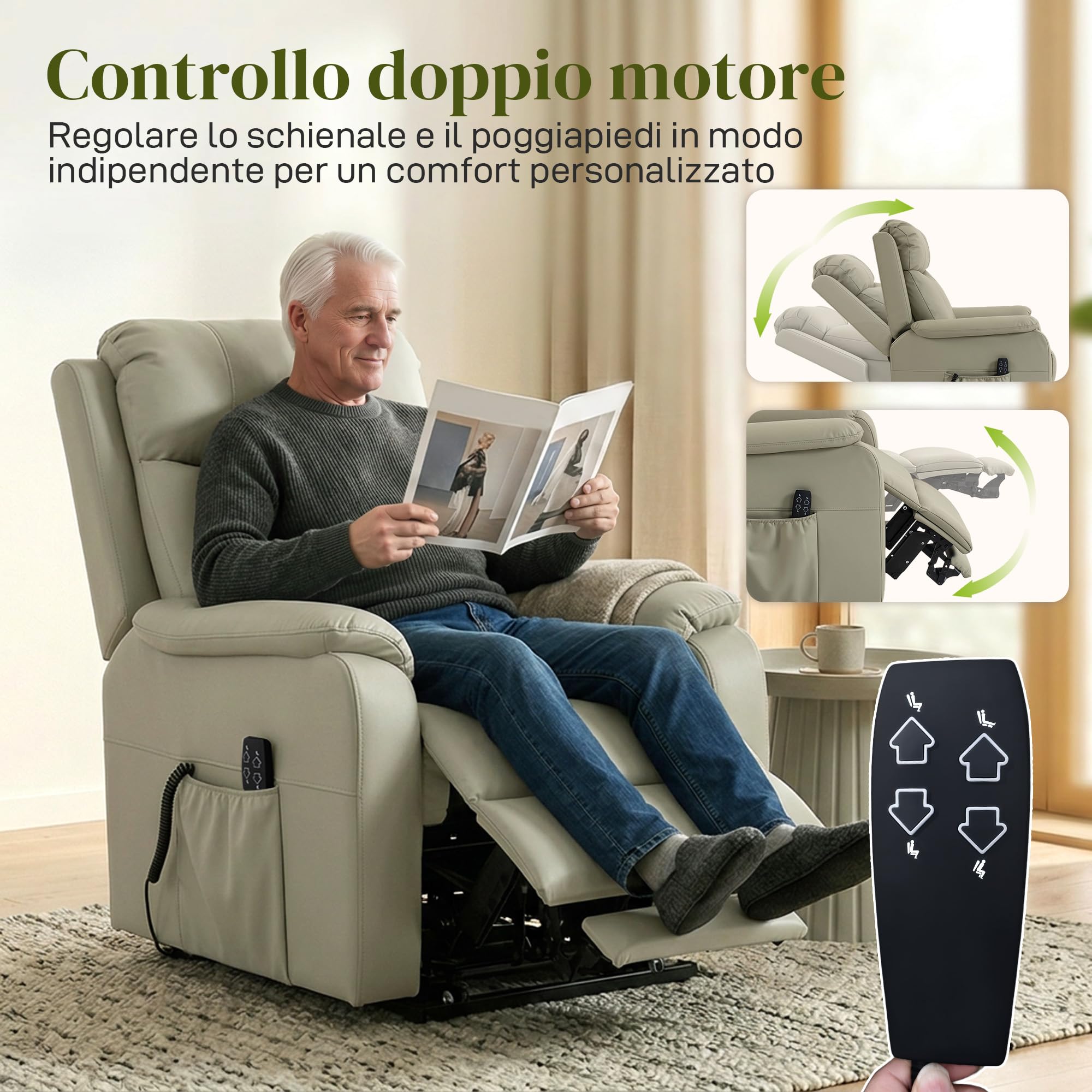 HOMCOM Poltrona Elettrica Alzapersona Reclinabile 170° Zero Gravity, Poltrona Relax in Pelle Finta Traspirante per Anziani, 2 Motori, Telecomando, 4 Ruote, Freno, Poggiapiedi, Tasche Laterali, Crema