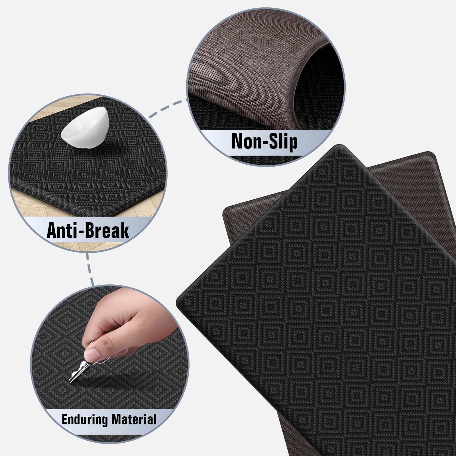 Mattitude Tappetino da cucina, 2 pezzi, imbottito, anti-fatica, impermeabile, tappetino da cucina, per cucina, lavello, ufficio, 43 x 76 cm, 43 x 119 cm, nero