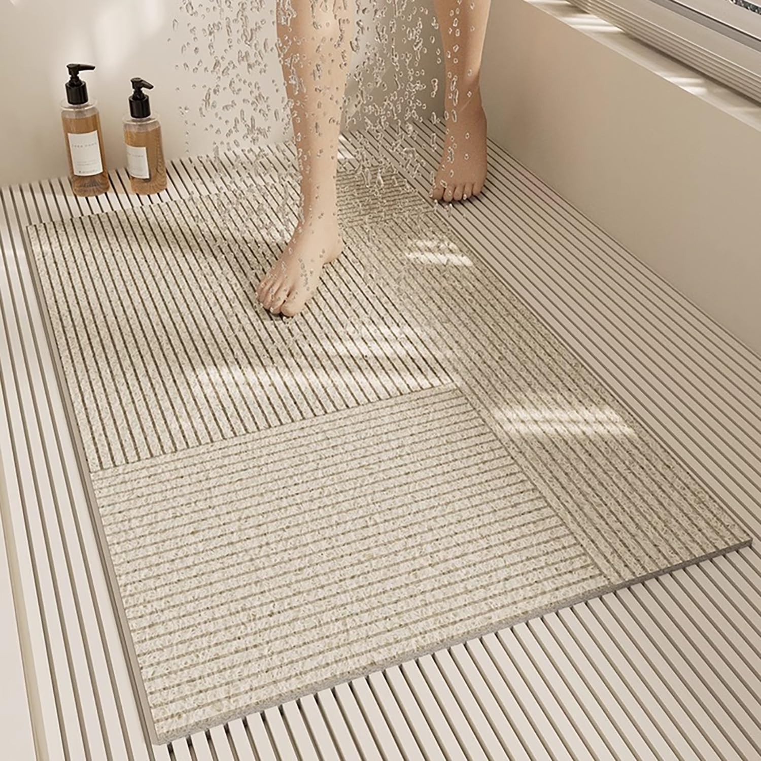 QYMYOZ Non-Slip Shower Mat 60x70cm Luffa Bath Mat Drainage Holes Geometric Design Quick-Dry Water Absorbent Bathroom Rug Soft and Durable Ideal for Showers and Bathtubs.