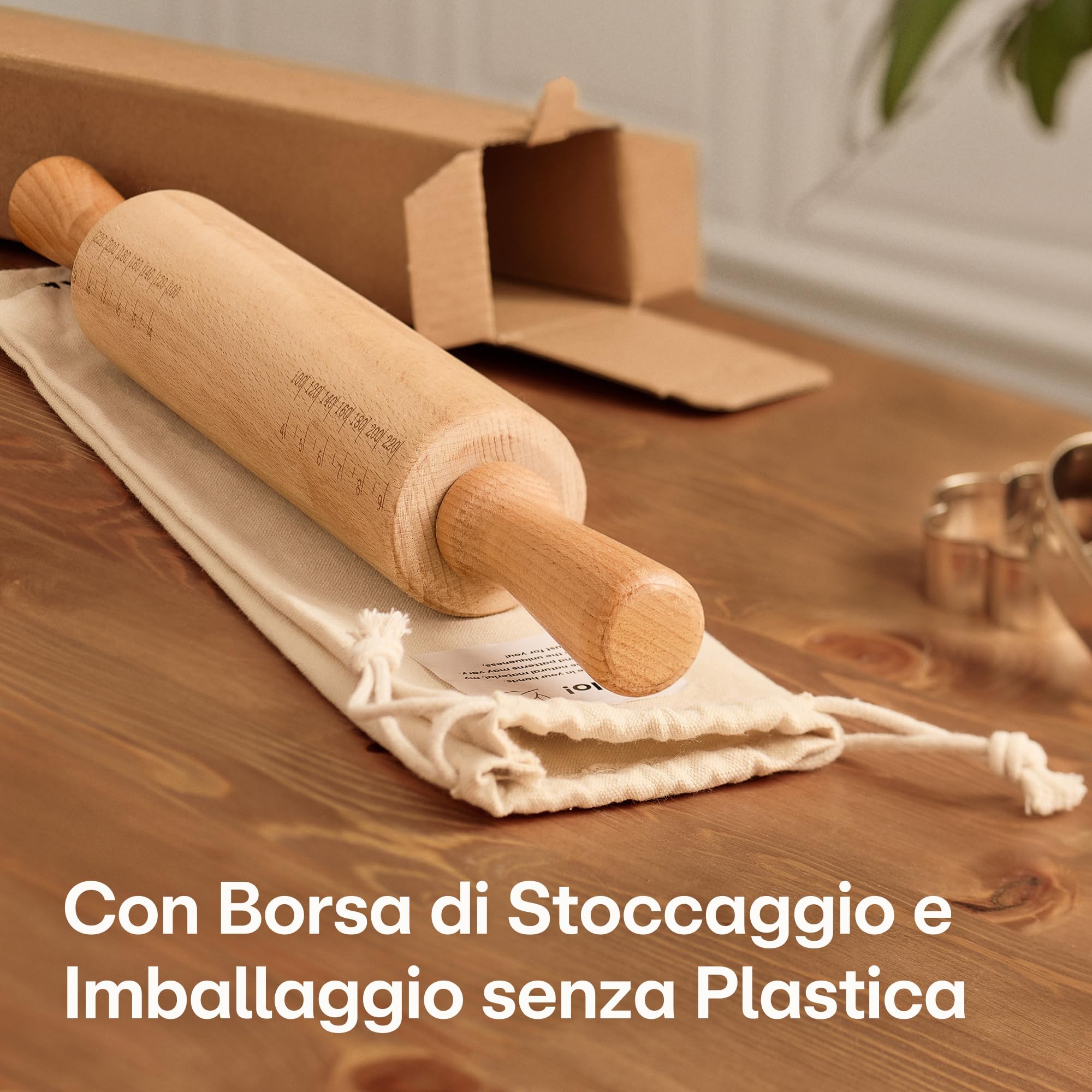Praknu Matterello in Legno di Faggio FSC® - Con Misurazioni - Manico Ergonomico - Superficie Antiaderente - Con Borsa in Cotone