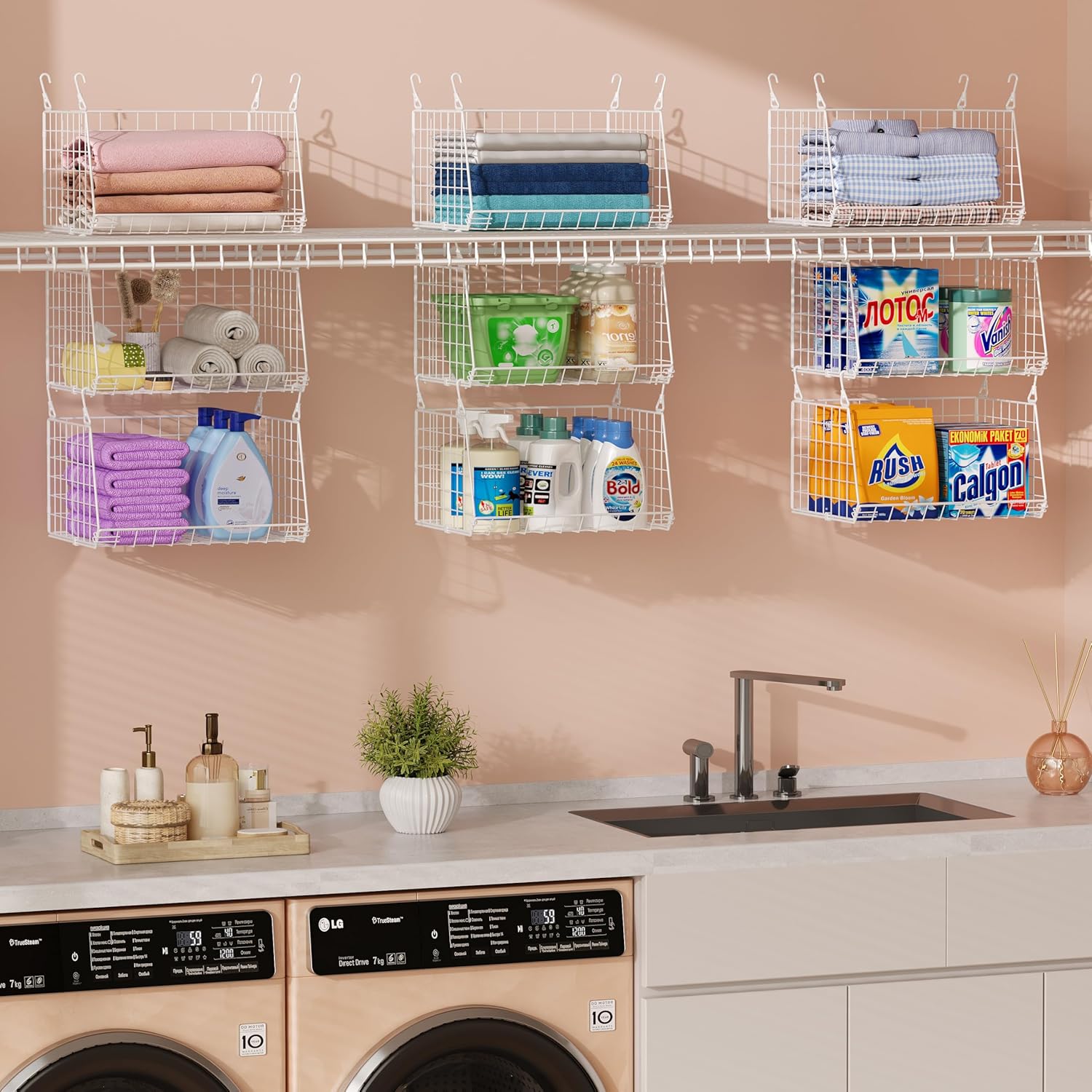 3 Tier Hanging Laundry Basket Organizer Foldable Wire Shelf Laundry Room Organizer 360 Rotating Hooks Small Space Solutions Closet Hanging Organizer Laundry Organization White Patent