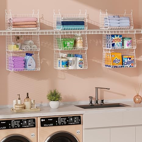 3-Tier Hanging Laundry Basket Organizer:Foldable Wire Shelf Laundry Room Organizer with 360°Rotating Hooks Small Space Solutions Closet Hanging Organizer - Laundry Organization, White Patent