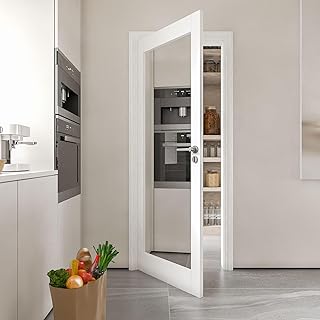 32" x 80" Mirror Slab Door, Pre-Assembled One Side French Interior Door, Paintable Solid Wood Pocket Barn Doors for Living Room Pantry Laundry Closet Bathroom White Pre-Finished Surface w/o Hardware