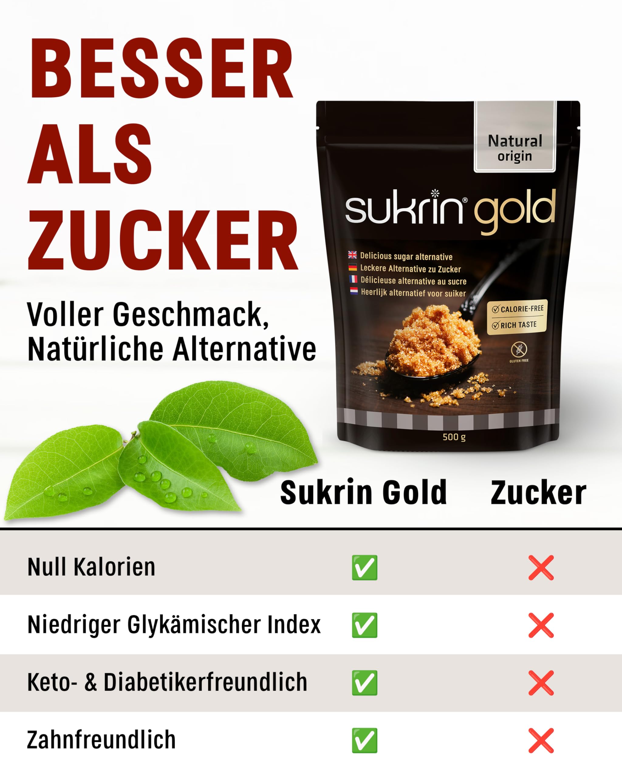 SUKRIN Gold natürliche Alternative zu Brauner Zucker und Rohrzucker, kalorienfreier Zuckerersatz mit Erythrit Stevia Mischung, Zucker Ersatz, vegan, glutenfrei, Non-GMO, keto-freundlich, 12x 500g