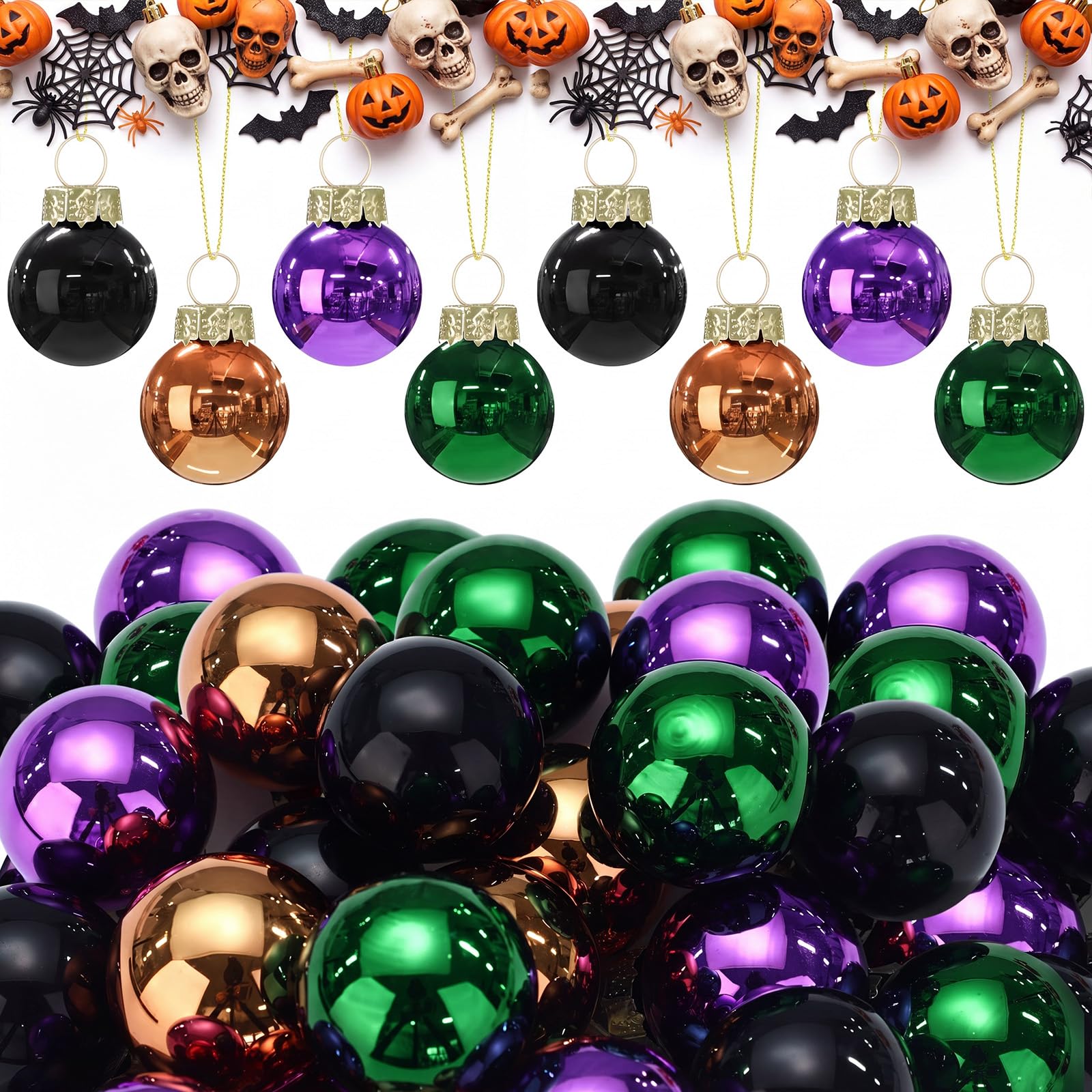Tioncy 32 Pcs 1'' Mini Glass Halloween Ornament, Purple Orange Black Green