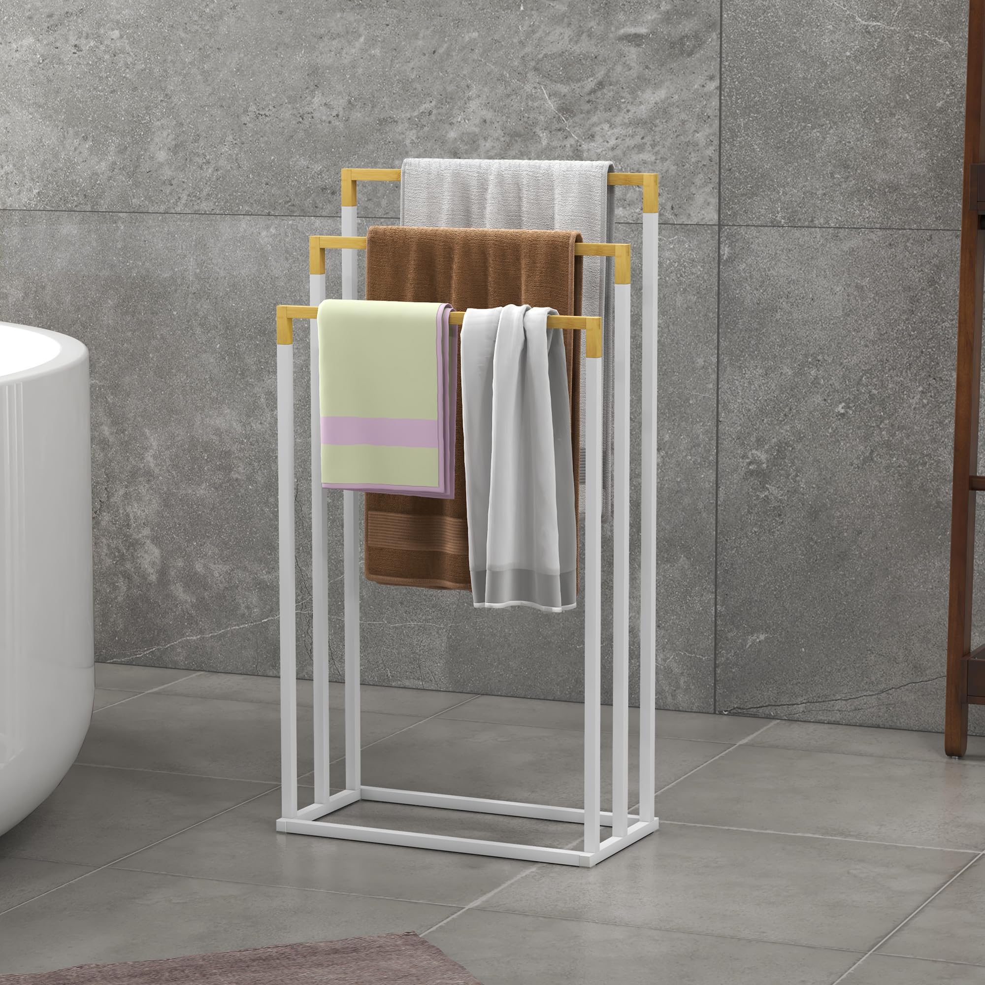 kleankin Porte-Serviettes en Bambou et Acier sur Pieds avec 3 Barres Support pour Serviette 45 x 22,5 x 86 cm - Blanc et Naturel