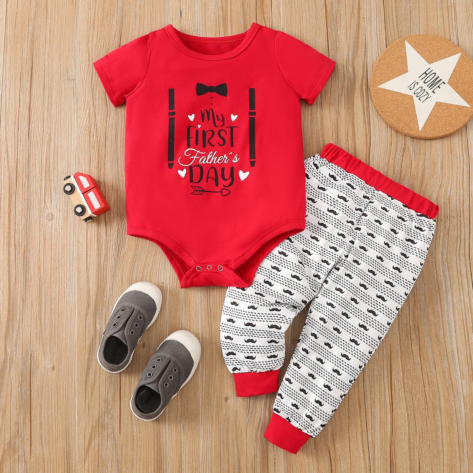 My First Fathers Day Newborn Baby Girl Boy Clothes Outfits Short Sleeve Letter Romper Bodysuit Elastic Pants Outfits Set Red