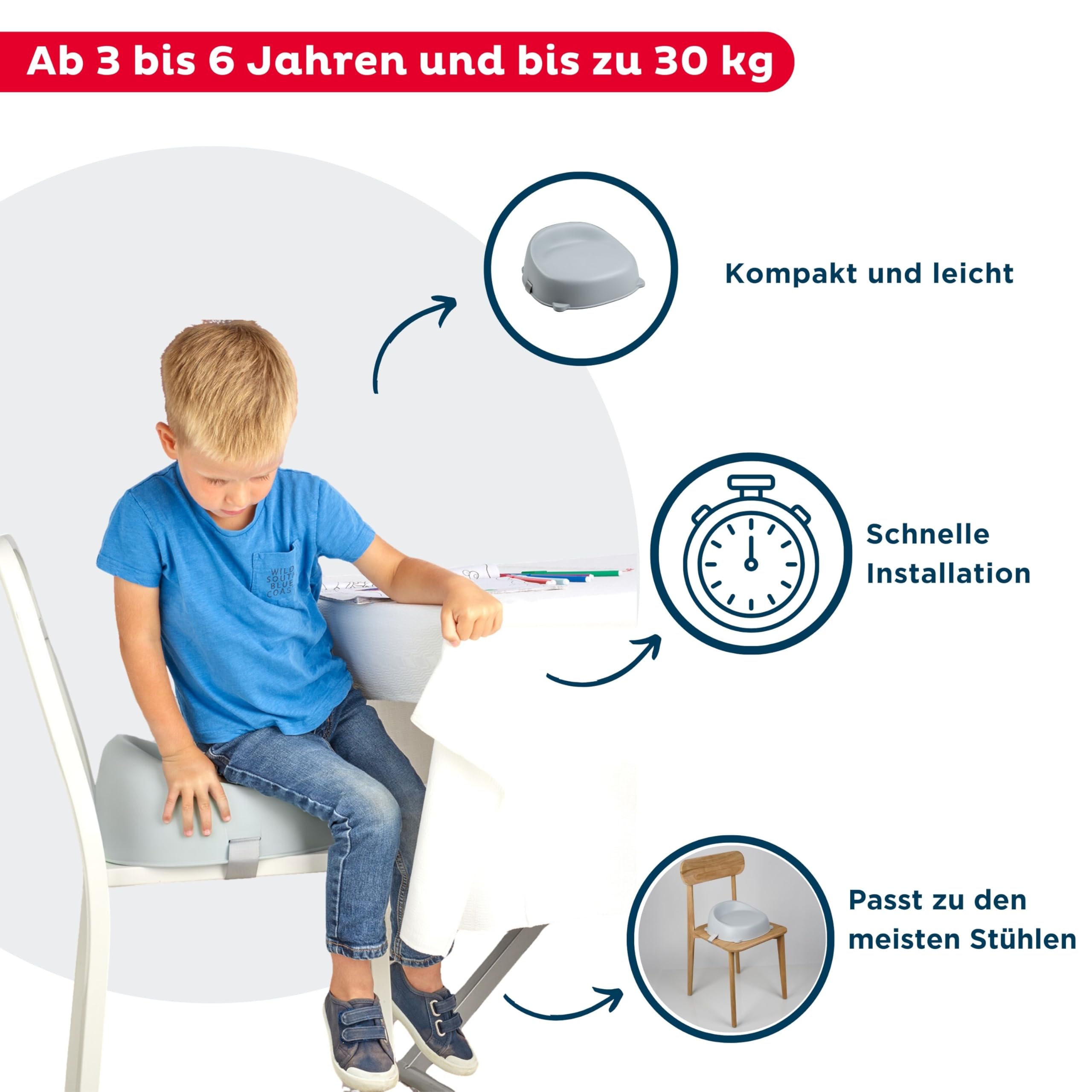 THERMOBABY - Łatwe podnoszenie krzesła - Podnoszenie - Dzieci w wieku od 3 do 6 lat (lub do 30 kg) - Wygodne - Lekkie i przenośne - Łatwy montaż - Szare Charme - Wyprodukowano we Francji