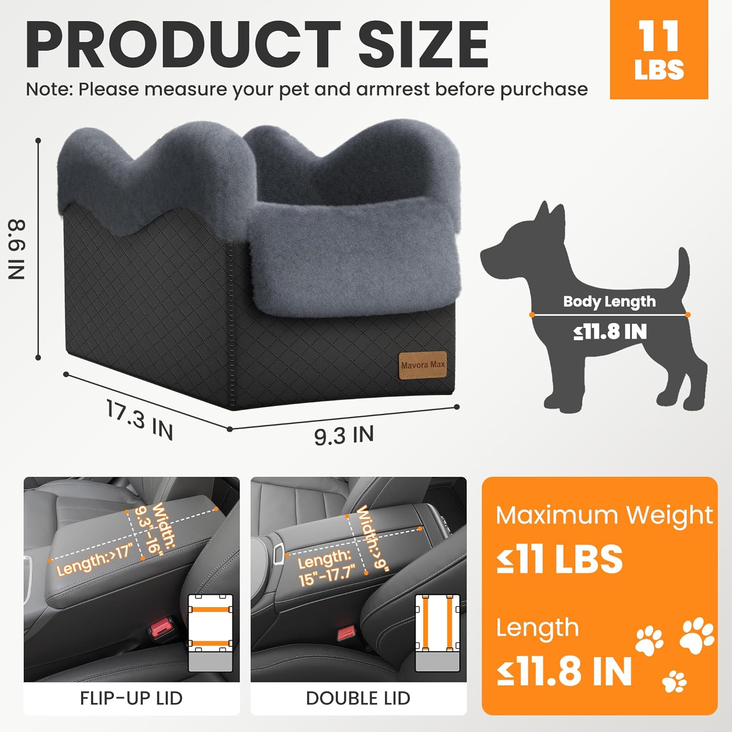 Portable Small Dog Seat for Car(Up to 11LB),Luxury Center Console Dog Car Seat Booster with Safety Tethers,Auti-Collapse Pet Travel Carrier for SUV,Truck.(Black/Grey)