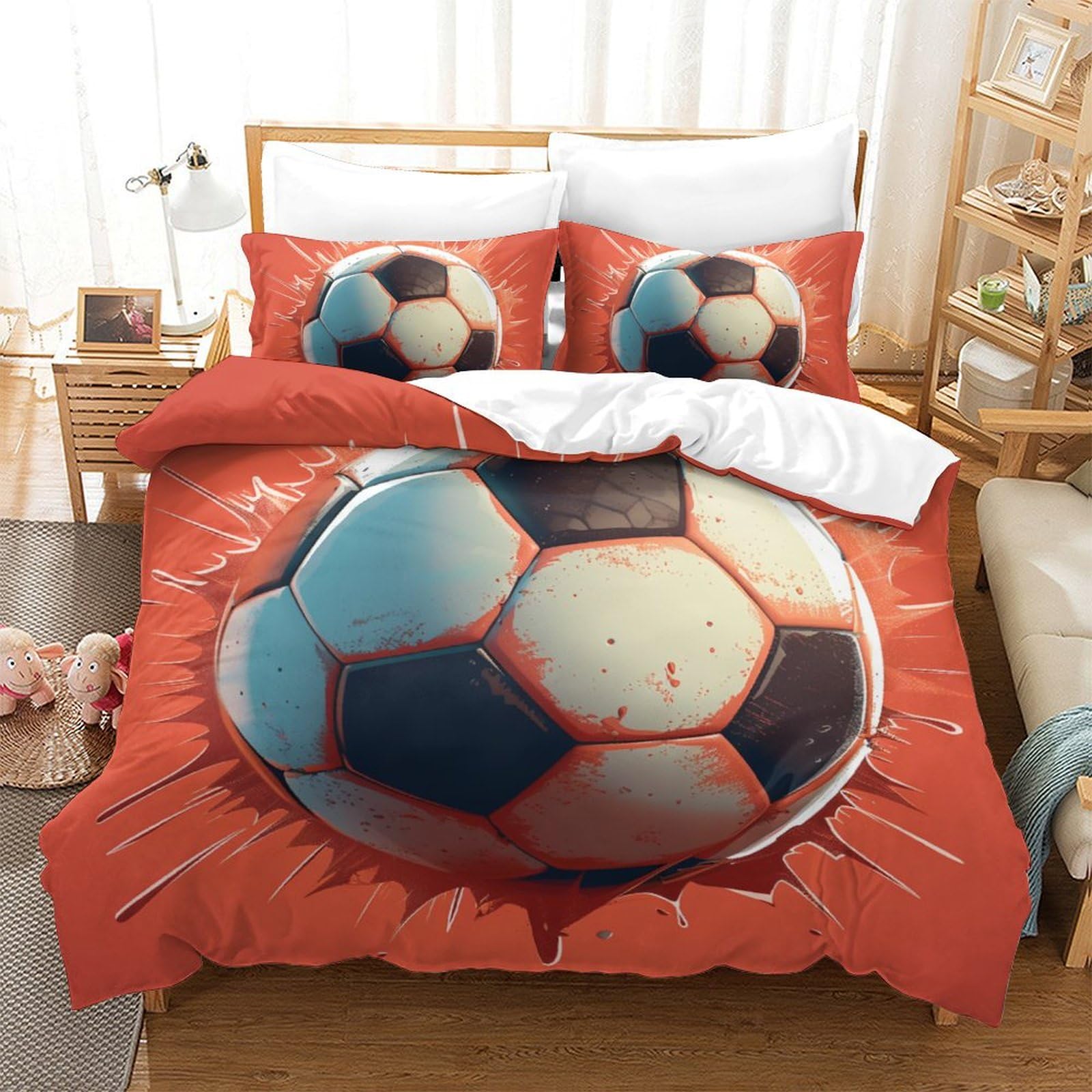 Housse de couette imprimée 3D football 220x240cm king anti-glissement à zip