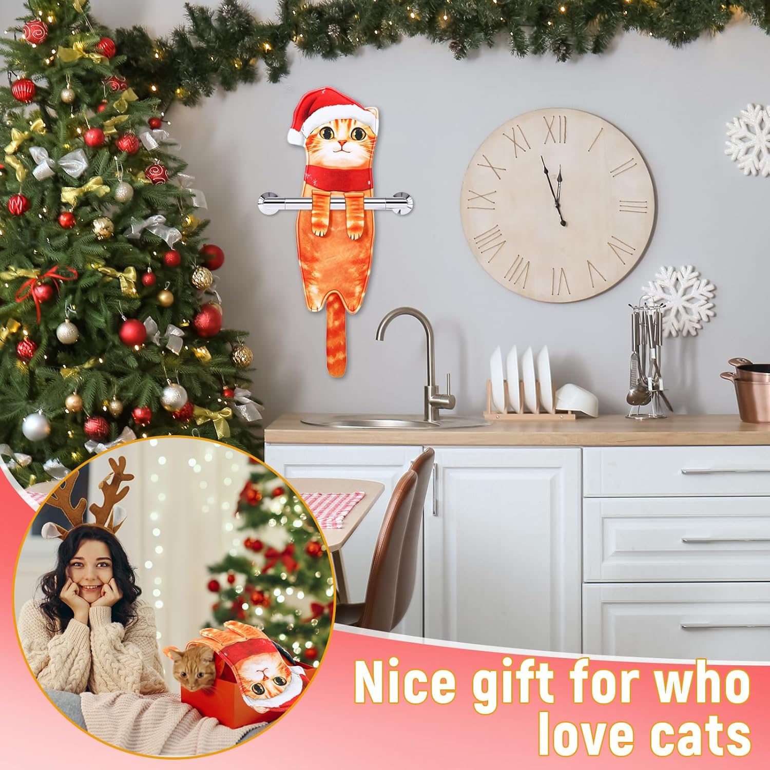 Breling Funny Cat Hand Towels Christmas Kitchen Bathroom Cat Towels Cute Decorative Santa Clause Absorbent Soft Hanging Face Washcloths for Christmas Home - Image 4