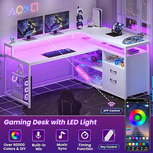 Miniatura 7 de SEDETA Escritorio blanco para computadora con cajones, escritorio de oficina en casa de 55 pulgadas con cajón de archivos y estantes de