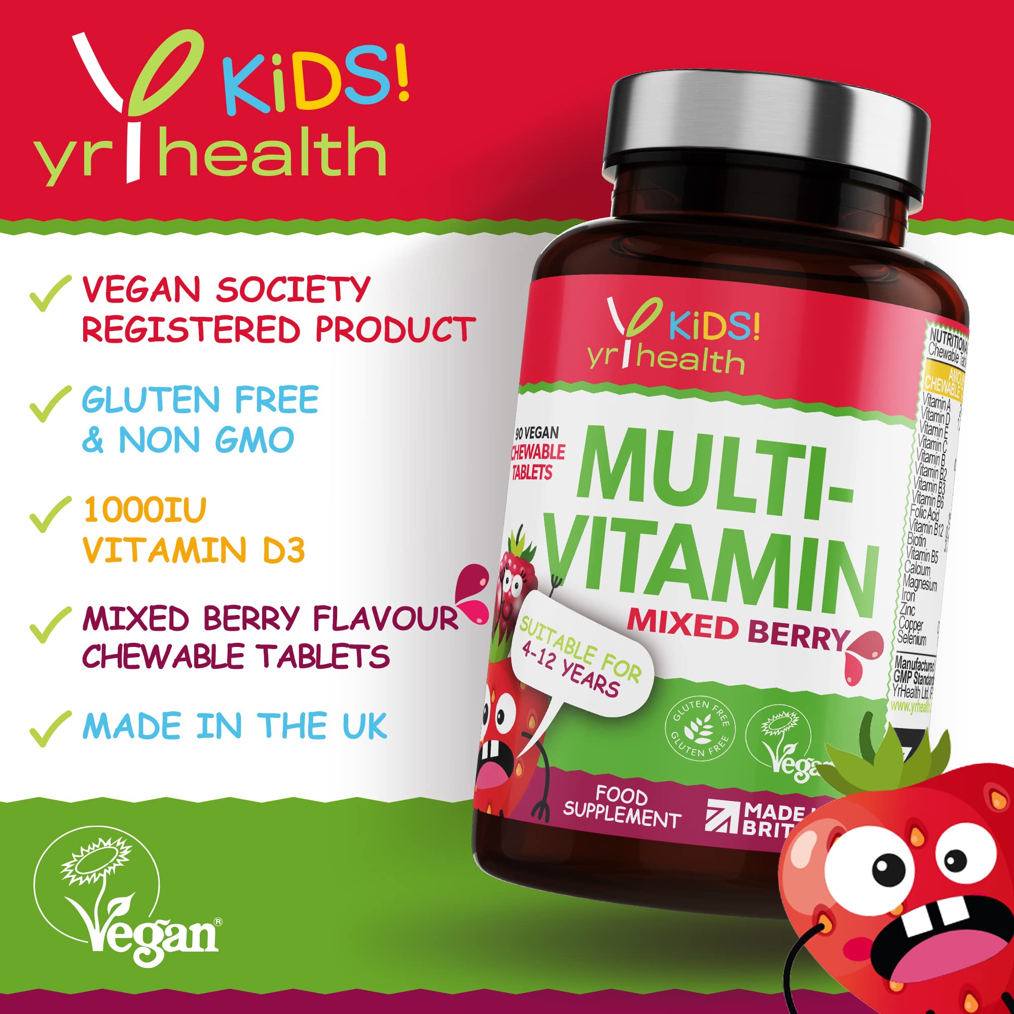 Yrhealth Kids Multivitamins And Minerals - Chewable Mixed Berry Flavour Multivitamin For Kids 4-12 Years, Vegan Society Registered Tablets Not Gummies - 3 Months Supply - Made In The UK - View #10