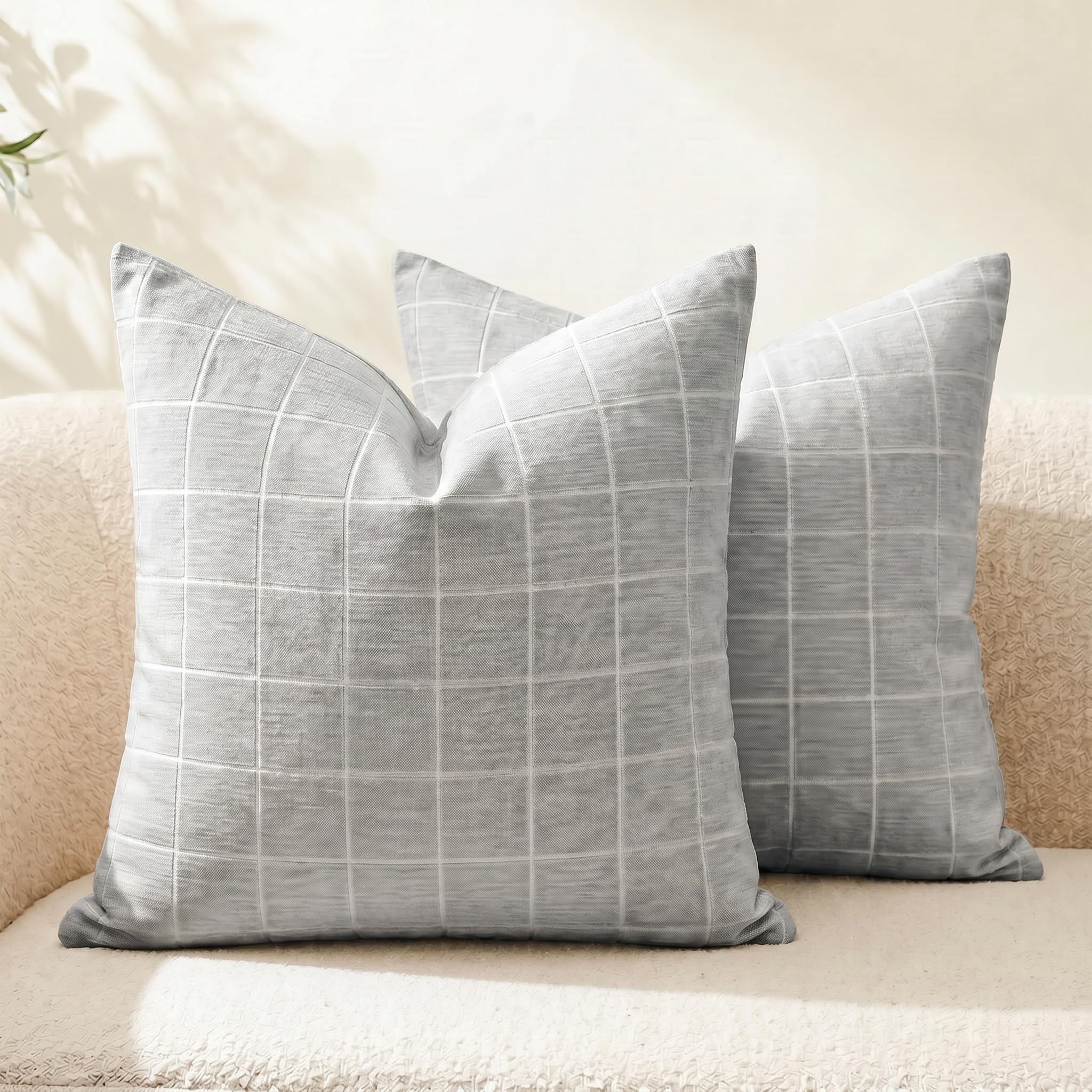 Neelvin Set of 2 Cushion Covers 45x45cm(18x18 inch) Chenille Plaid Checkered Decorative Throw Pillows Farmhouse Modern Soft Textured Neutral Style Sofa for Bedroom Living Room Light Grey
