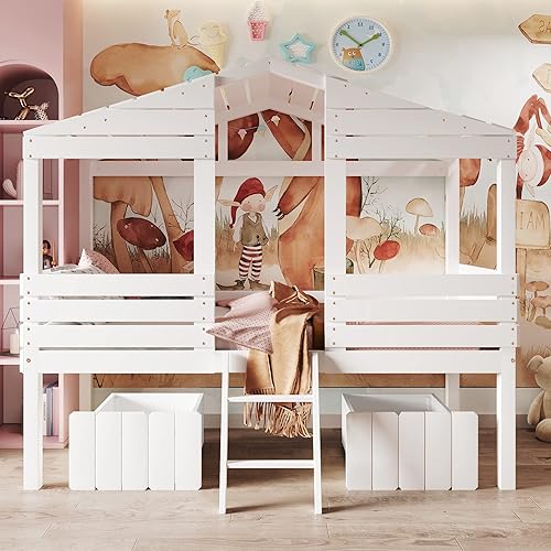 Miniatura 1 de Aiuyesuo Playhouse Design - Cama baja de tamaño individual para niños y niñas marco de cama de madera con valla de seguridad y 2 cajones de