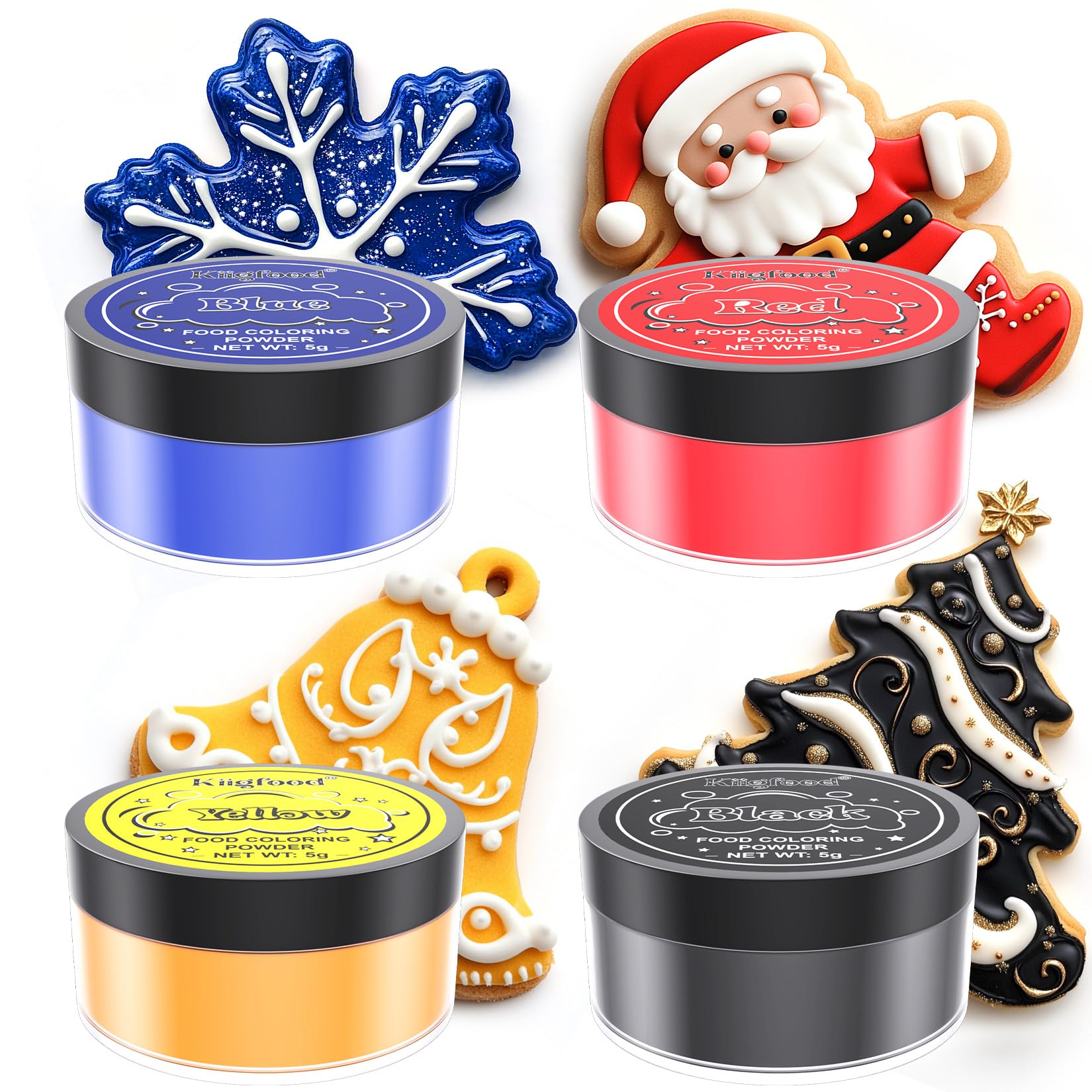 Food Coloring Powder - Kiigfood 4 Colors Vivid Powdered Edible Food Coloring, Upgraded Food Grade Food Dye Powder for Christmas Baking, Cookies, Icing, Cake Decorating, Slime Making - 5g/Bottles