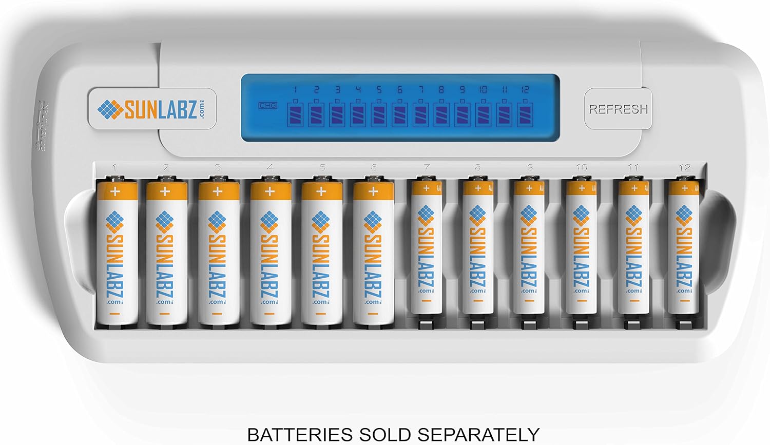 SunLabz Smart Rechargeable Battery Charger - AA AAA NiMH NiCD Batteries - 12 Bay/Slot