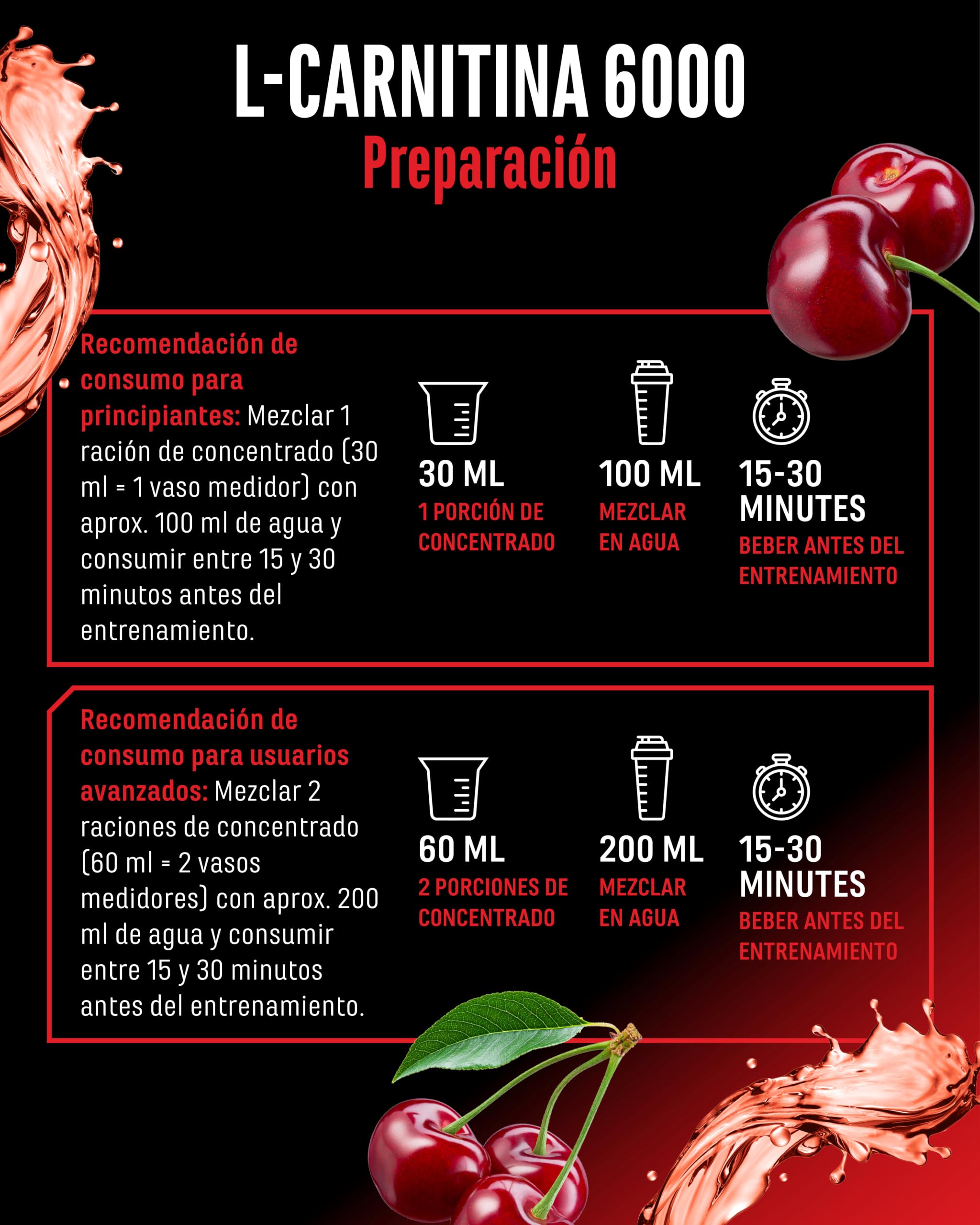 L-Carnitina 6000 Líquido - 1000 ml - Dosificación extra alta con 6000 mg de L-Carnitina pura por porción diaria - Bebida de entrenamiento de aminoácidos - Sabor delicioso (Cherry Madness)