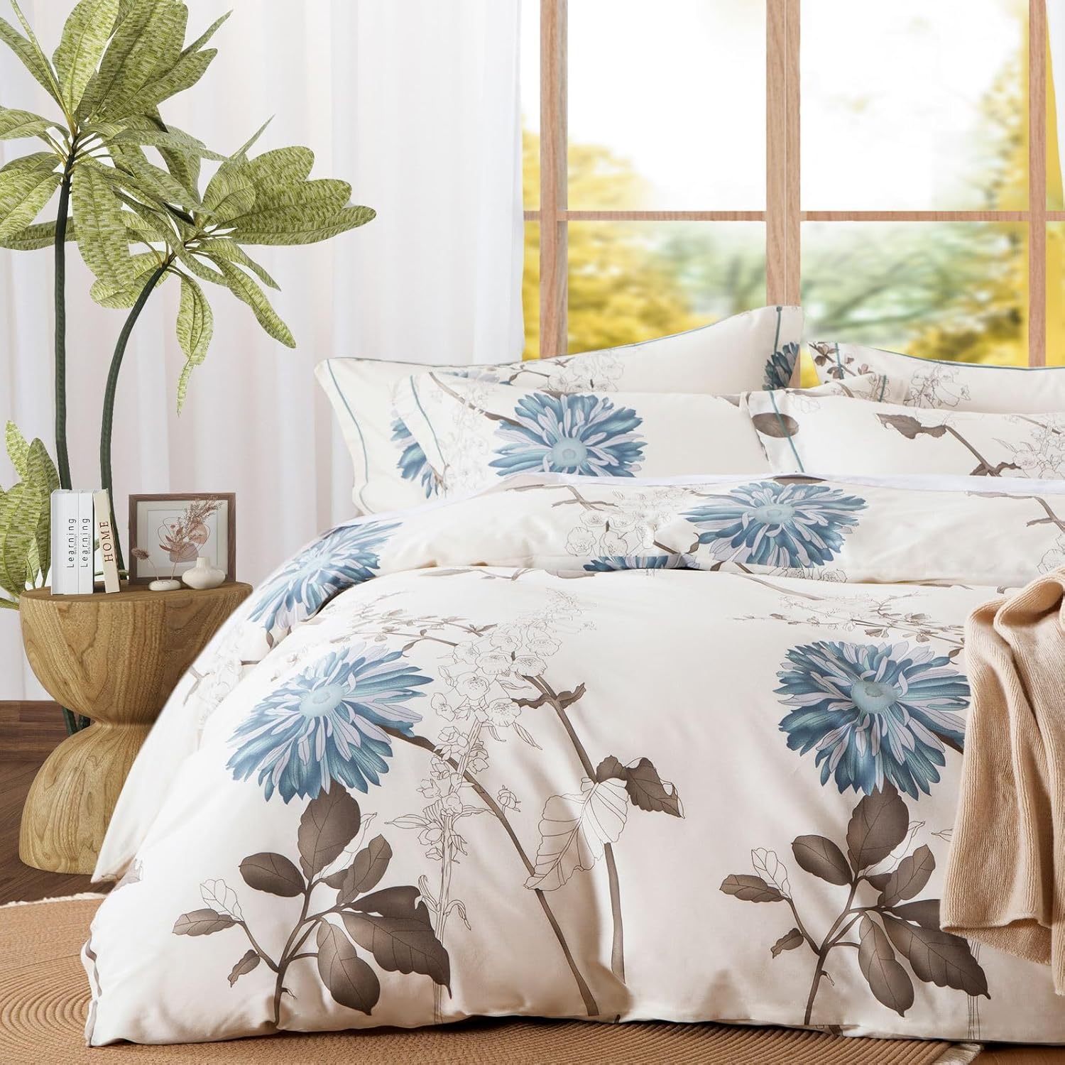 botanical comforter queen size set-100% cotton fabric, brown branches and blue flowers off-white bedding set, lightweight and soft comforter set, 3 pcs(1 comforter and 2 pillow shams)
