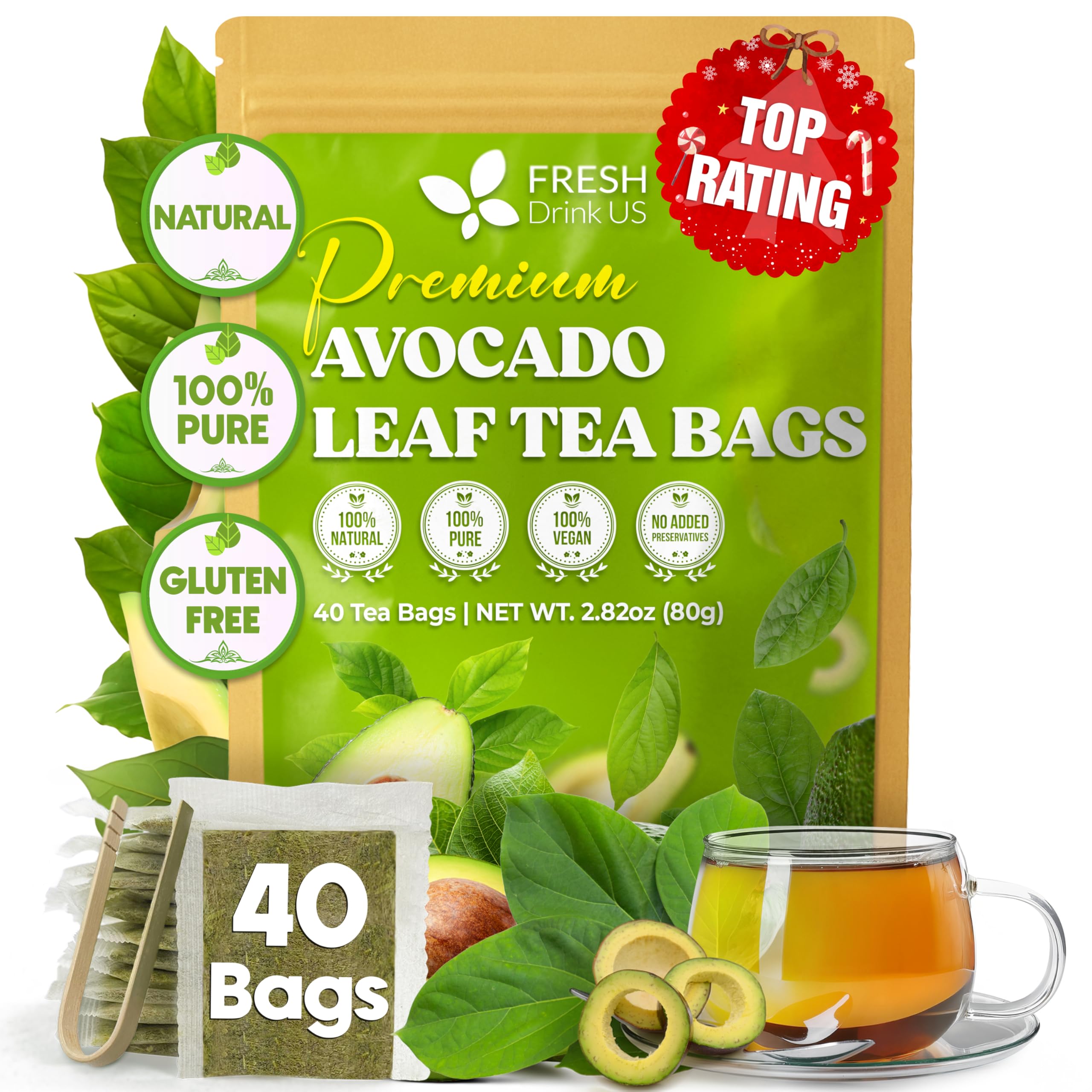 FreshDrinkUS, Avocado Leaf Tea Bags | 40 Count | Premium Dried Avocado Leaves Herbal Tea – Caffeine Free Botanical Tea – Fresh, Smooth & Earthy Flavor. Sugar Free. Vegan