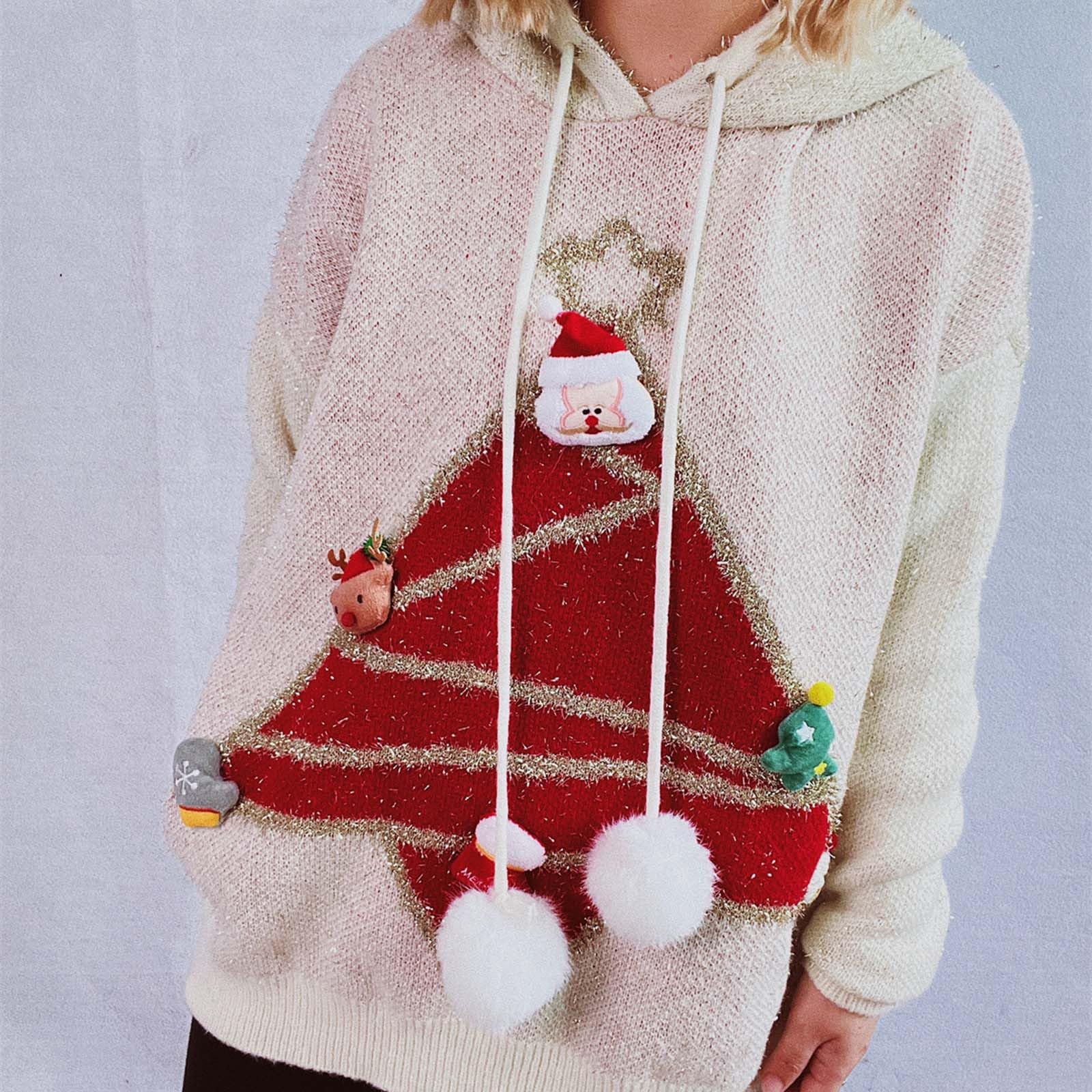 Ybing Sudadera con capucha de Navidad para mujer, con ojal navideño, bordado, sudadera con capucha Y2K, sudadera con capucha para invierno, suéter de Navidad, suelto, jersey de Navidad, jersey de