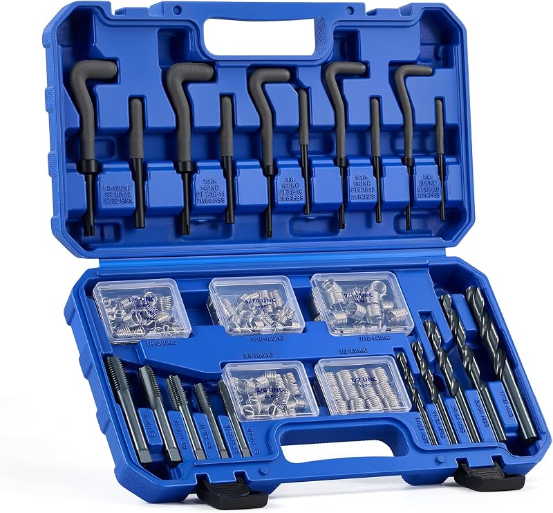 OMT Thread Repair Kit, 172pc SAE Thread Restorer Kit | 1/4" 5/16" 3/8" 7/16" 1/2" Sizes; Heat-Treated Steel, Stripped Thread Fixer, Automotive Mechanics, DIY Work
