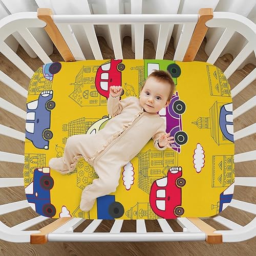 Miniatura 6 de Cars Houses - Juego de sábanas ajustables amarillas compatibles con otros corralitos, patios de juegos, cunas portátiles y minicunas de 52 x 28