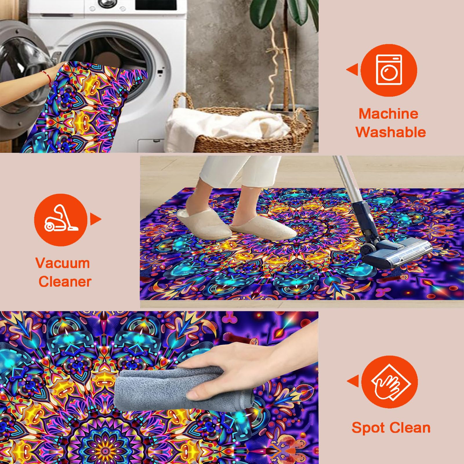 Tapis Rond Salon 160cm Kaléidoscope Mandala, Lavable Art Psychédélique Abstrait Tapis De Sol Décoration Antidérapant pour Chambre Cuisine Terrasse Salle à Manger Intérieur