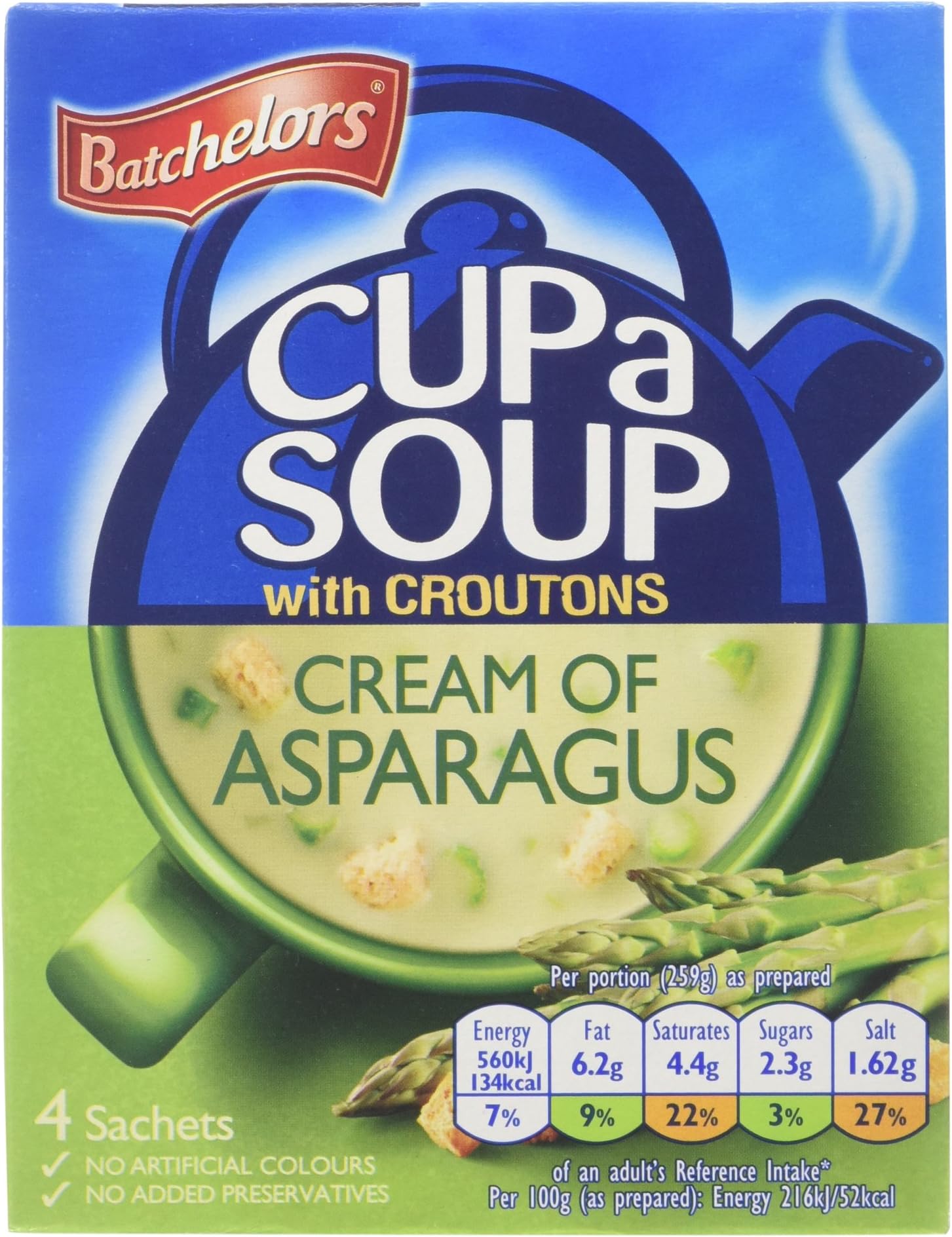 Batchelors Cup a Soup 4 Cream Of Asparagus With Croutons Instant Soup Sachets, 117 g Box (Pack of 1)