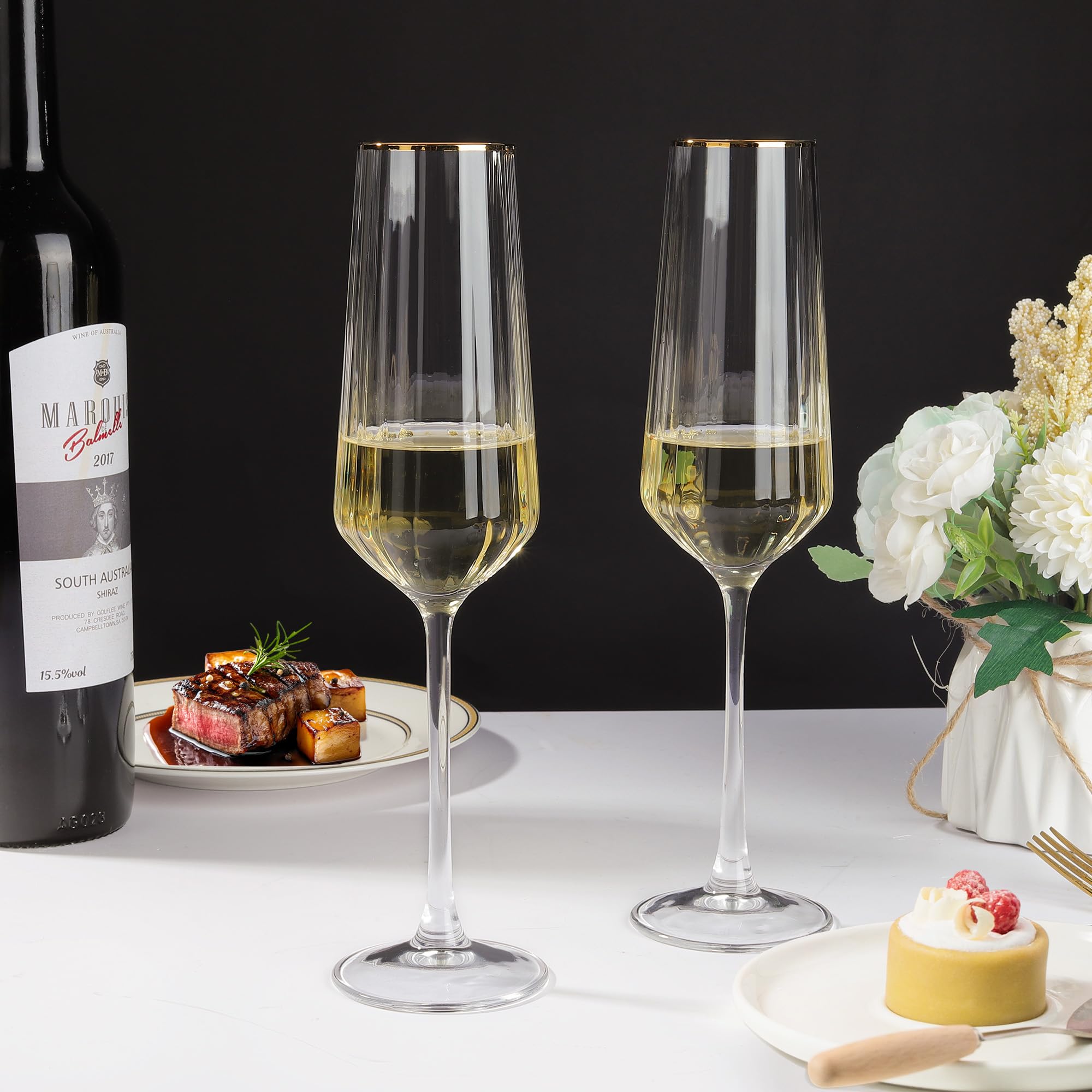 Joeyan 270ml Flute Champagne Verre Élégantes avec Bord Doré,Lot de 2 Coupe à Vin Rayés,Soufflé à la Main,Transparent Verre a Pied Cristal pour Noël Fêtes Mariages anniversaire,Passe au lave-vaisselle