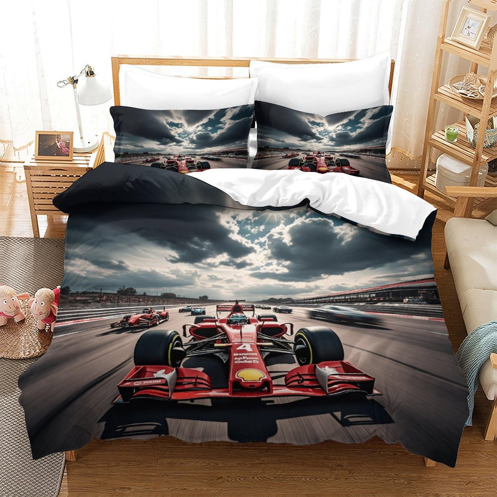 XiaopangXY 3D Printed Ferrariii Bedding Set 3 Pcs Comforter Cover with Hidden Zipper Formula racing Pattern Quilt Cover Microfiber Duvet Cover with Pillowcase King（220x240cm）