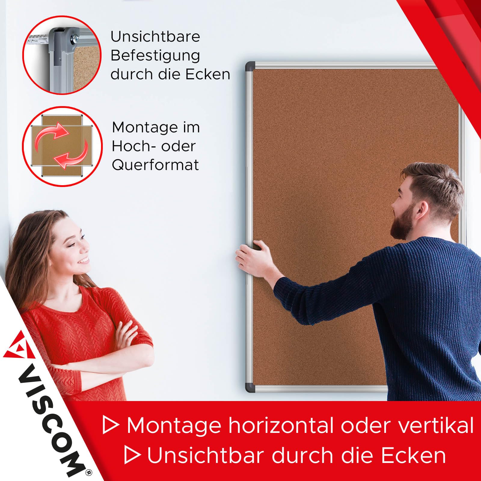 VISCOM Pinnwand CORKY - Korktafel mit Aluminium-Rahmen - 75x110cm | Memoboard für Notizen inklusive Ablage & Wandbefestigung - selbstheilender Naturkork - Board für Büro, Zuhause & Schule