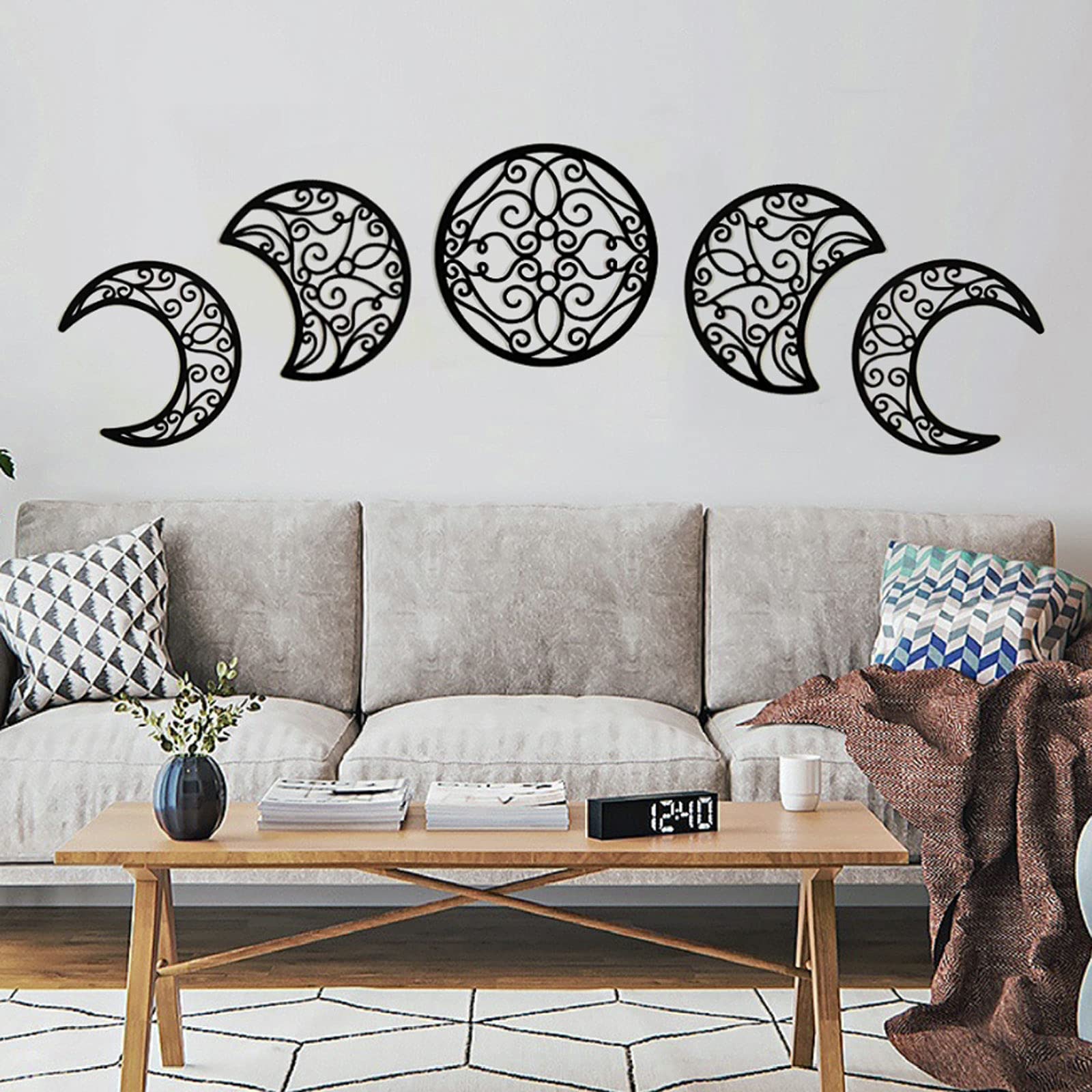 5 piezas de decoración de la luna decoración de pared de madera fase lunar colgante de pared estilo bohemio dormitorio decoración de pared del hogar, arte estético lunar bohemio para 7