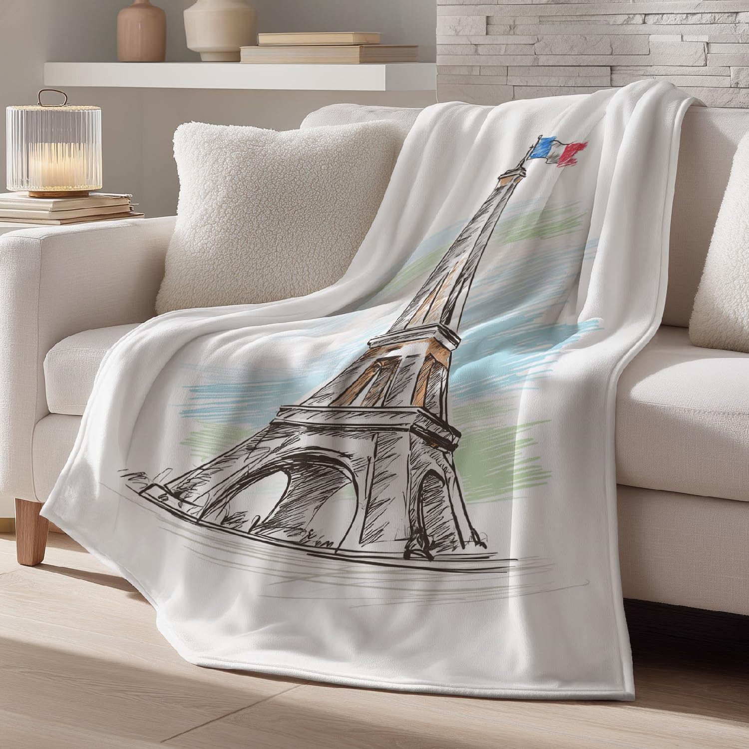 Genérico Zimowy koc flanelowy na sofę i fotel 220 x 270 cm - Koce prezentowe dla kobiet i mężczyzn - minimalistyczny wieża Eiffla Paryż romantyczny wystrój domu - miętowy miękki koc duży