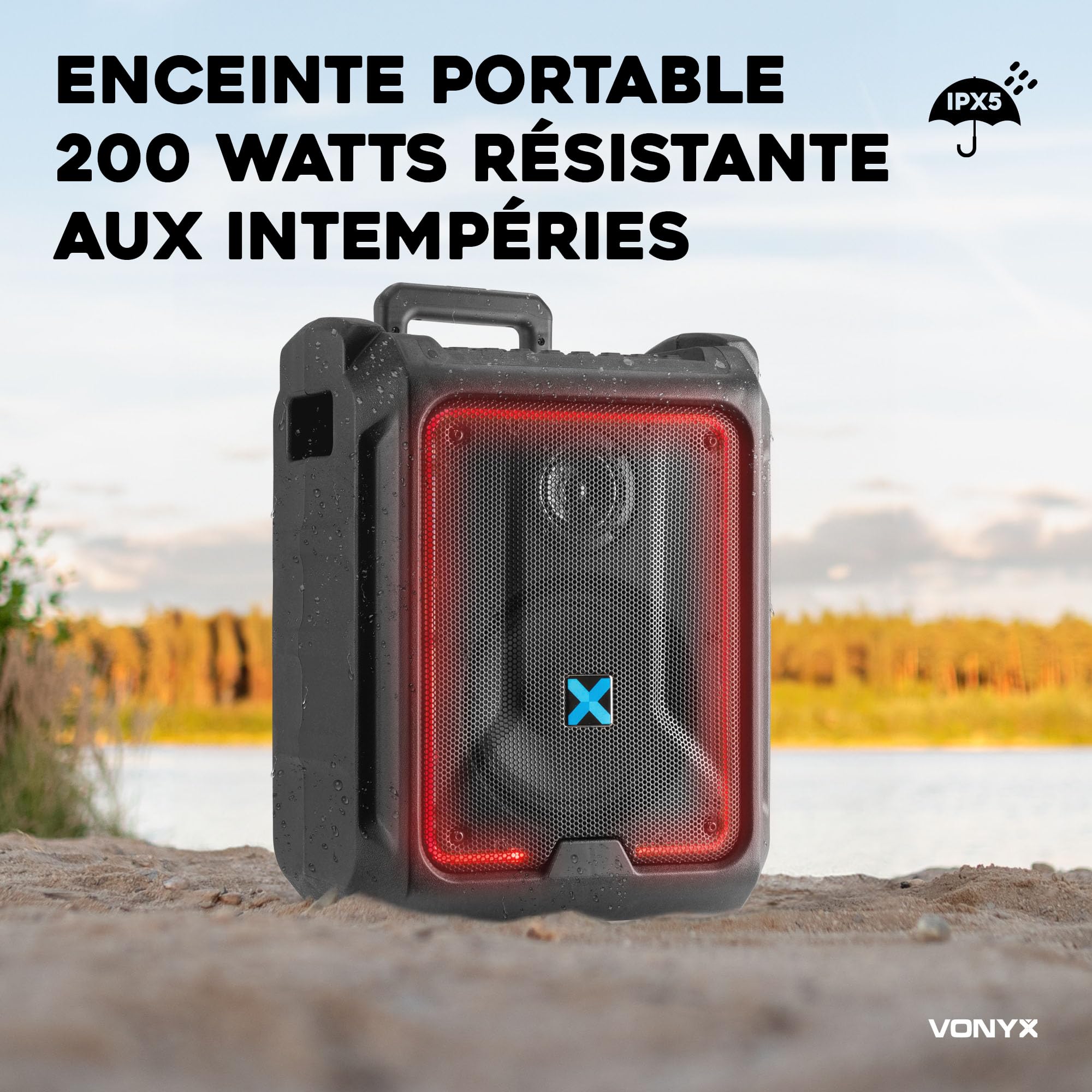 Vonyx SPLASH300 Enceinte Sono Portable Étanche - 200 Watts, Bluetooth 5.0, Batterie Intégrée, Résistante aux Intempéries, Éclairage LED, Poignée, Idéale pour Vos Soirées Plages, Piscines