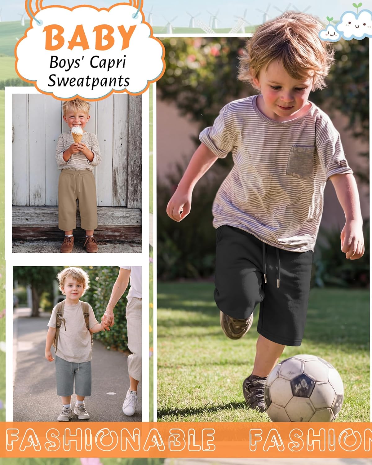 3 Pack Toddler Boys Capri Pants Loose Wide Leg Cropped Pants Kids Drawstring Sweatpants with Pockets 18M-6Y