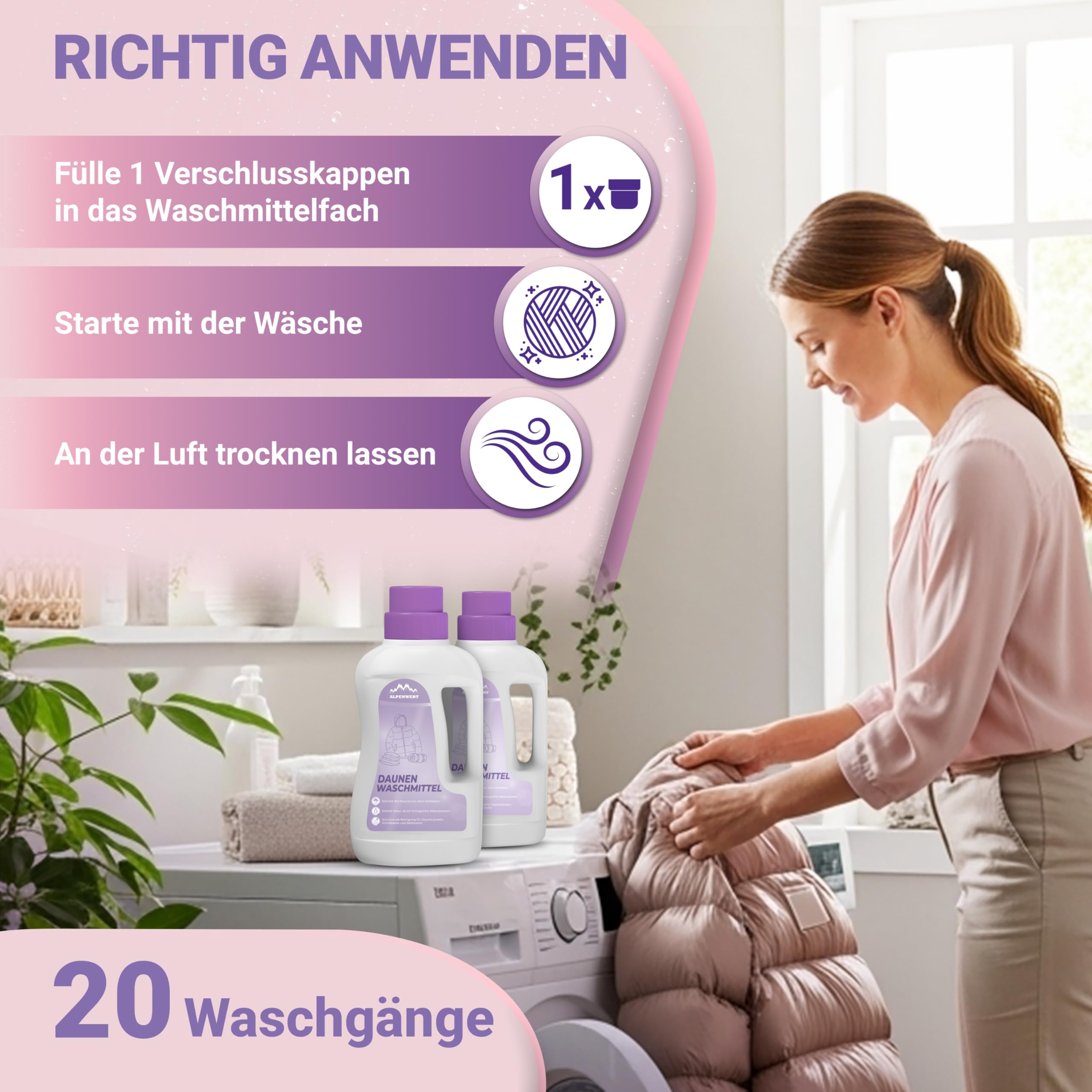 ALPENWERT Daunenwaschmittel 2x1L - Spezialwaschmittel für Daunenjacken, Bettdecken, Schlafsäcke & Kissen - sanftes Waschmittel für fasertiefe Reinigung & Pflege mit frischem Duft - Made in Germany