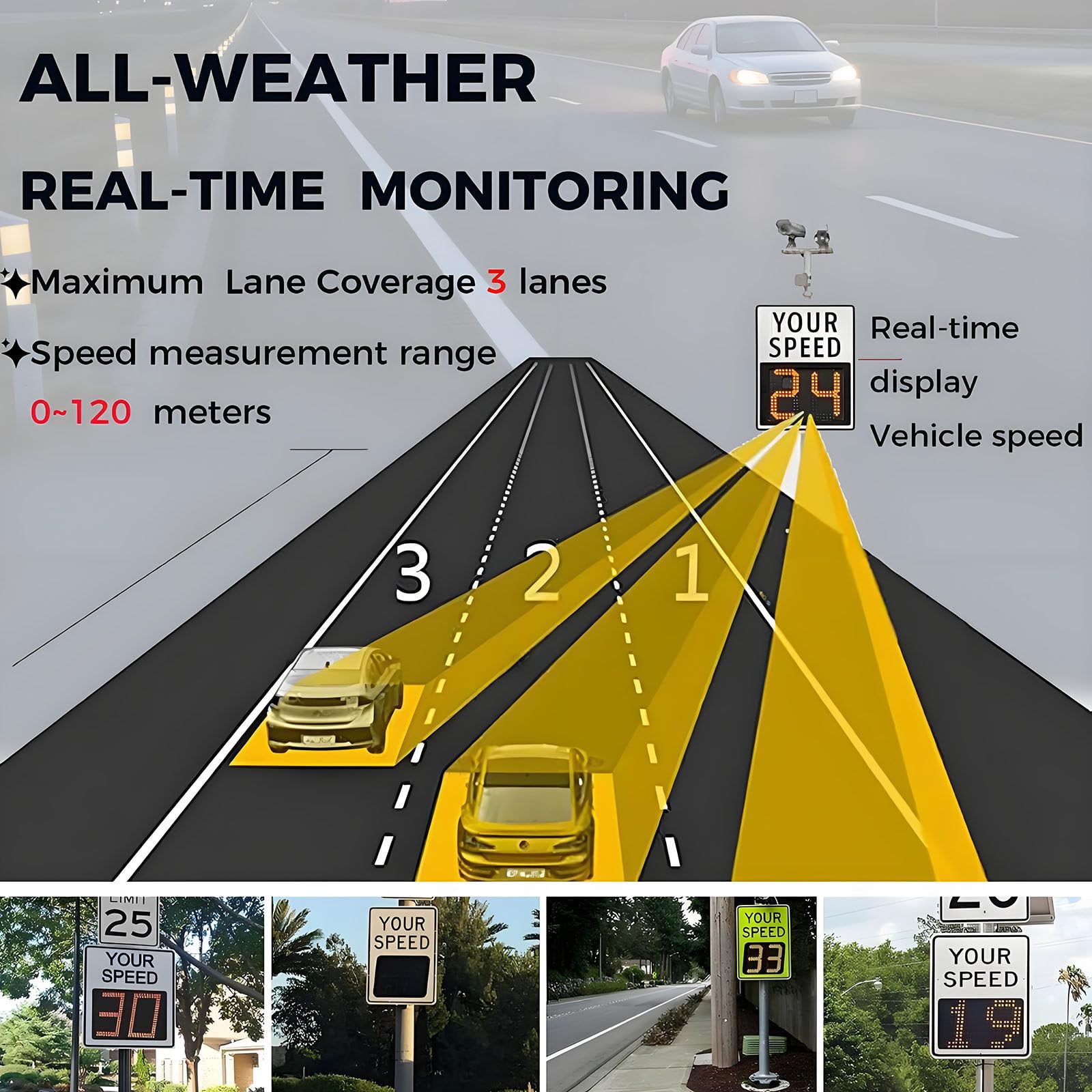 Señal de límite de velocidad de radar alimentada por energía solar con pantalla LED de retroalimentación para seguridad del tráfico y conciencia de velocidad