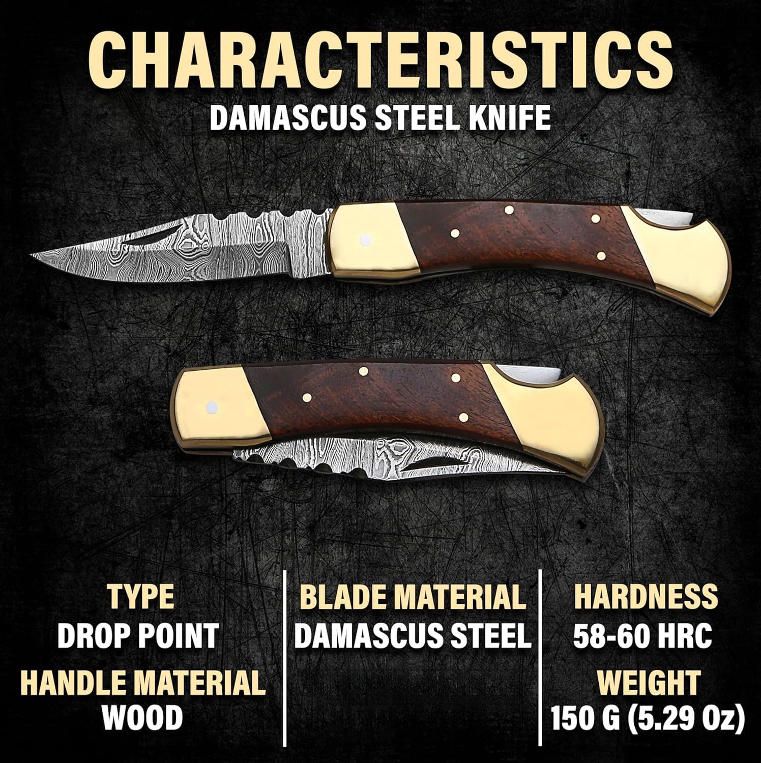 BK 110 Hunter Handmade Damascus Pocket Knife with Sheath, 4-7/8" Folding Knives with Wooden Handle, EDC Knife, Camping Knife for Outdoor Activities (Walnut Wood)