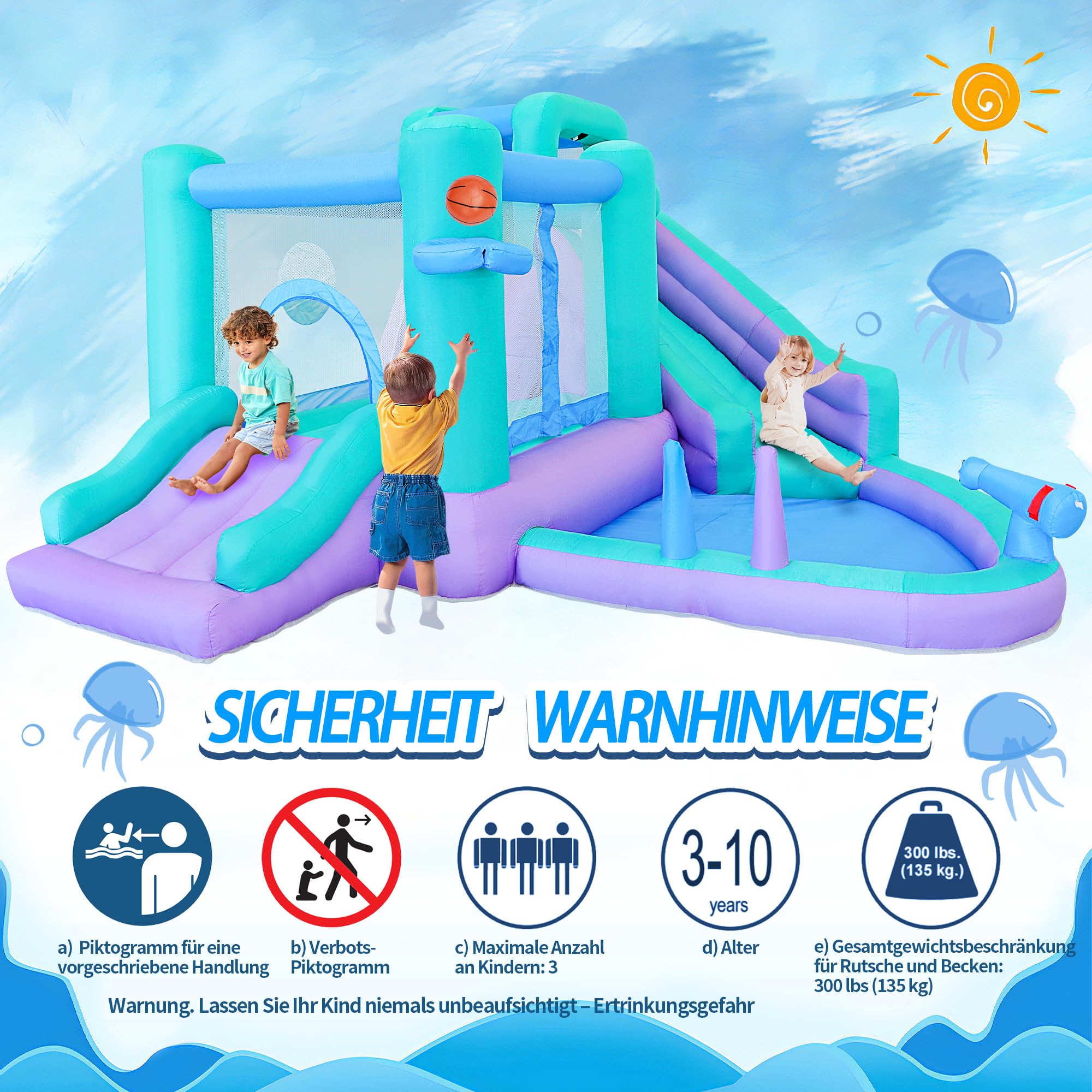 9-in-1 Hüpfburg mit Gebläse Aufblasbare Wasserrutsche mit Sprungburg Spritzbecken Kletterwand Basketballkorb Wasserpistolen Zielball und Ringwur Hüpfburg Kinder Hüpfburg Outdoor