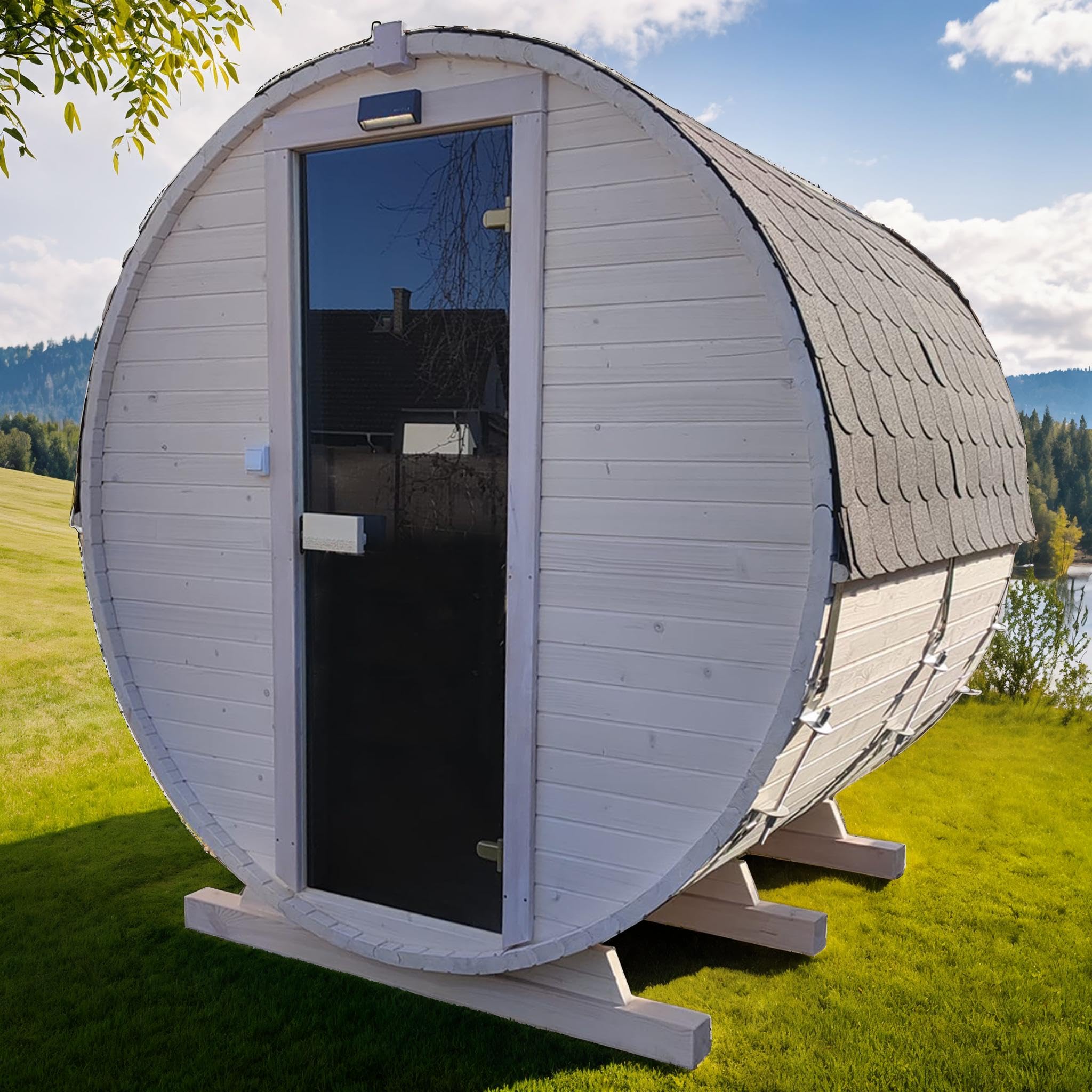 Gartensauna Fasssauna aus Holz für 4 Personen, Rund | Mit LED-Beleuchtung Außensauna für Garten & Terrasse (Dachfarbe: Braun, Anthrazit)