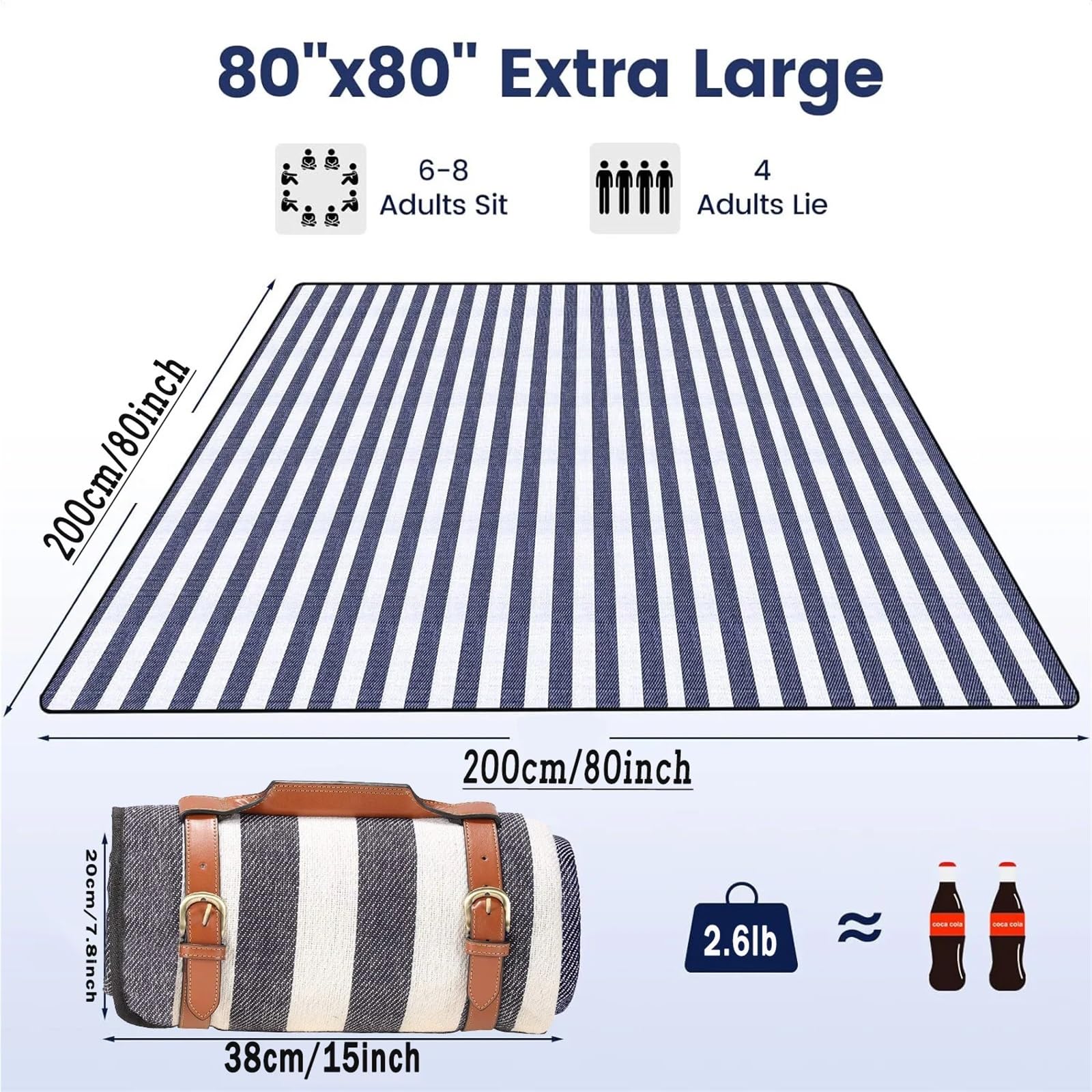 Telo Picnic Coperta Da Picnic Impermeabile E Pieghevole Extra Large, Spiaggia A 3 Strati For Campeggio, Parco, Interni(Blue White Grids,200X200cm(80 x80in))