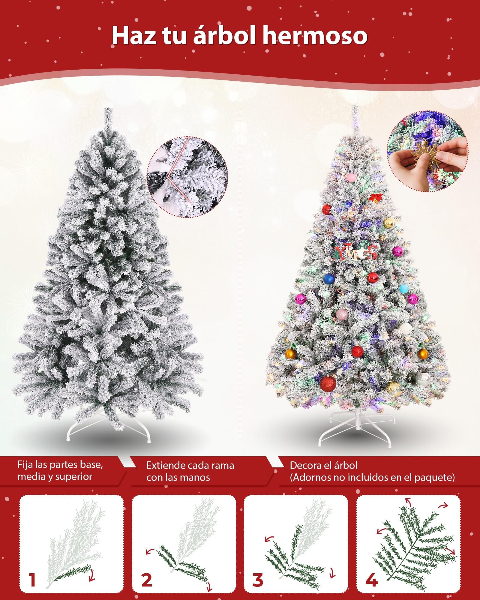 Himimi 180cm Árbol de Navidad Artificial con Iluminación, 250 Leds RGB, 8 Modos de Iluminación, Árbol de Navidad Artificial con Nieve, 1000 Ramas PVC, Decoración Navideña para Casa Oficina(Blanco)