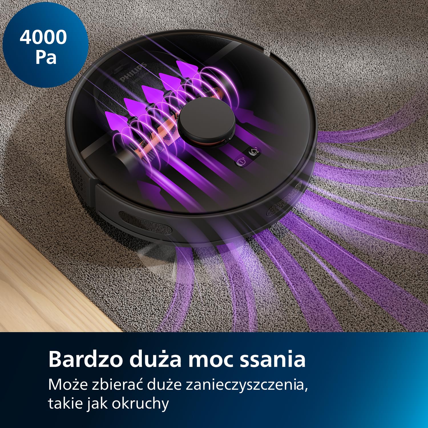 Philips HomeRun Robot mopująco-odkurzający z serii Aqua 3000, duża moc ssania 4000 Pa, nawigacja laserowa,czas pracy 200 min,czyści dywany i usuwa sierść zwierząt, sterowanie przez aplikację,XU3100/01