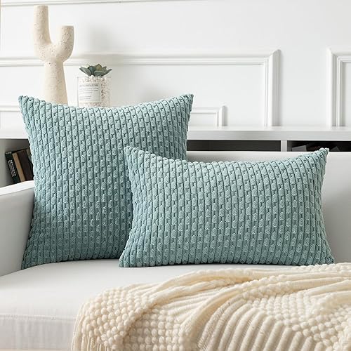 Vista 267 de Kevin Textile - Juego de 2 fundas decorativas para cojines, de pana y con moderno estilo campestre bohemio a rayas para decorar hogar, sofá, cama