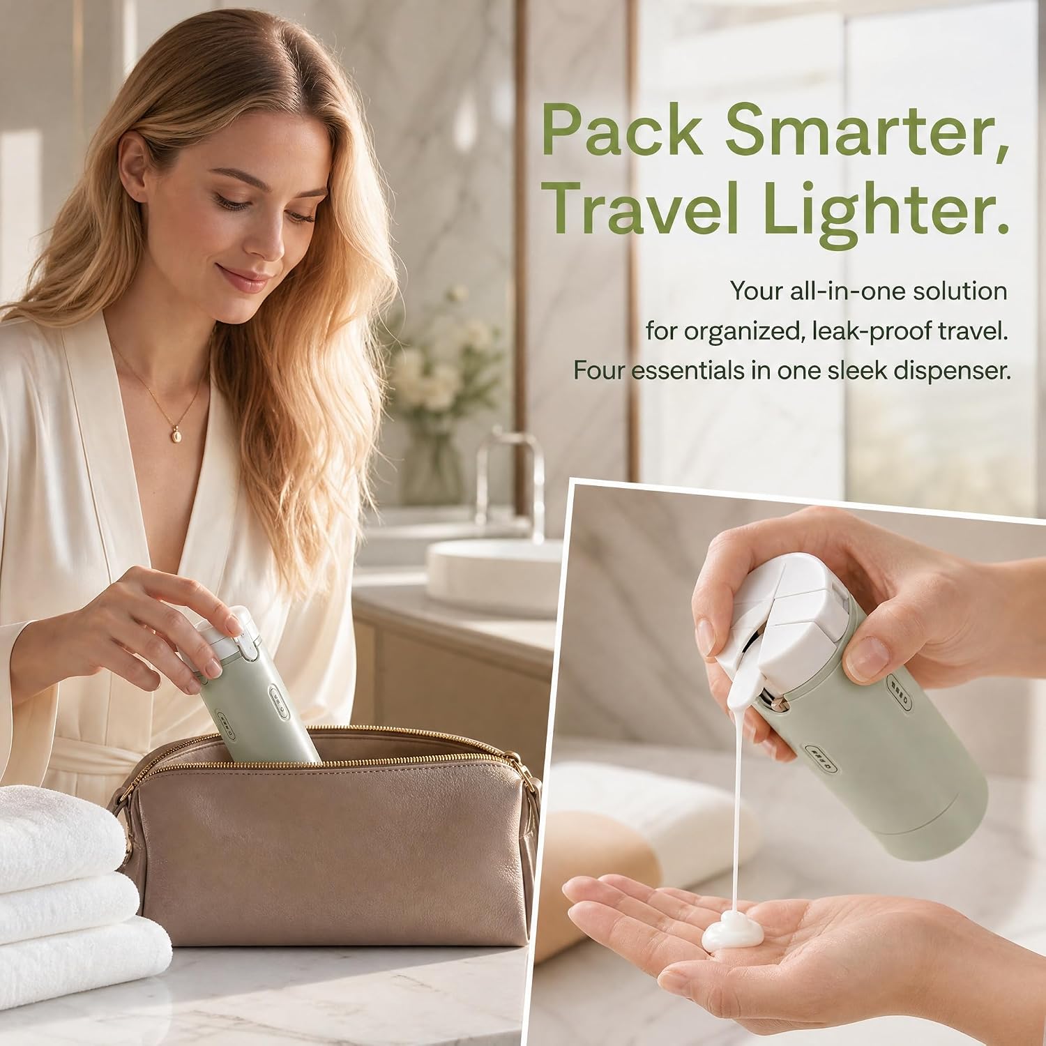 4 in 1 Travel Dispenser Bottle Set, Leak-Proof, Lightweight, Refillable Squeeze Bottles for Travel Toiletries (White)