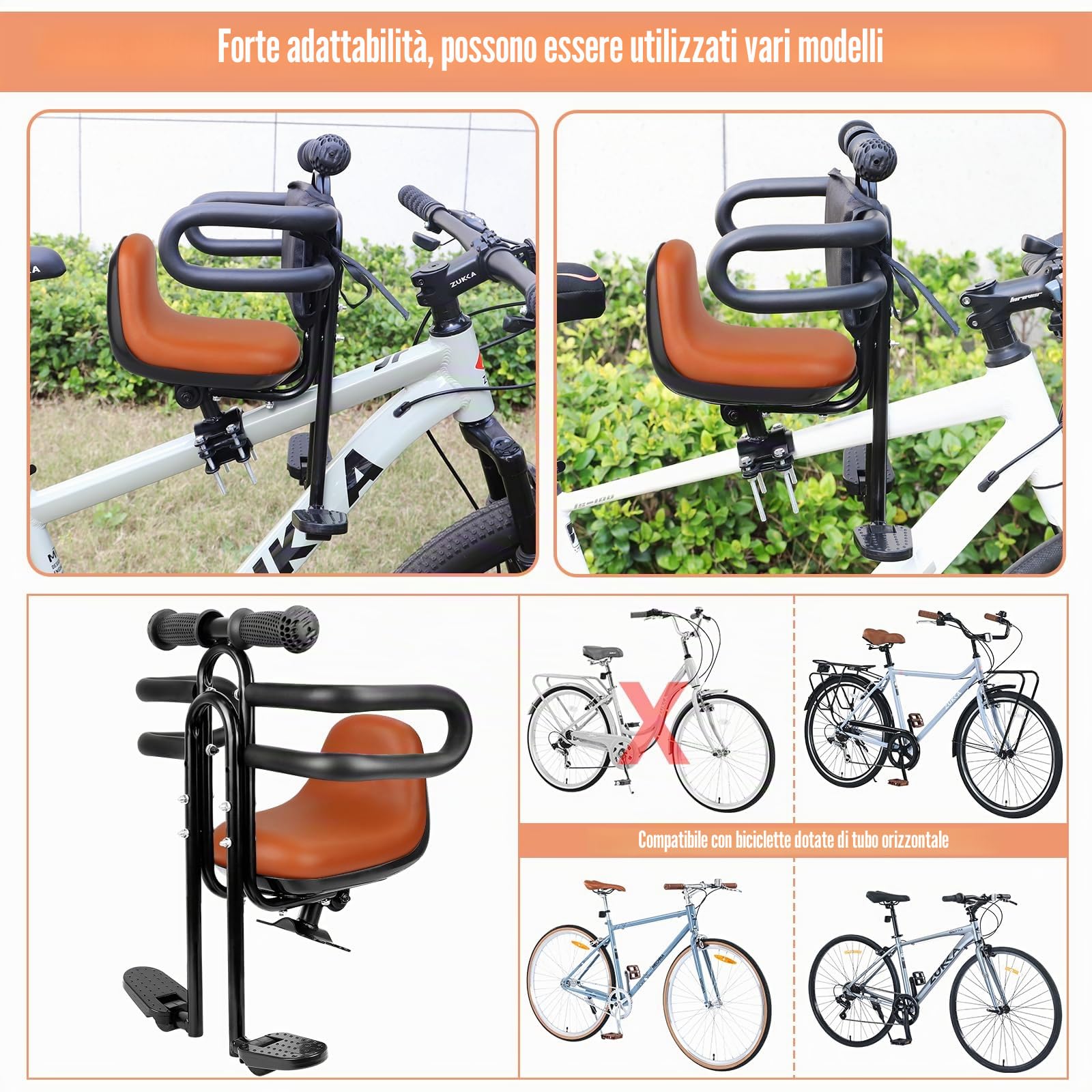 ZUKKA Seggiolino per bicicletta per bambini, supporto anteriore, seggiolino per bicicletta per bambini, con impugnatura per pedana, per adulti e bambini, seggiolino per bicicletta per bambini